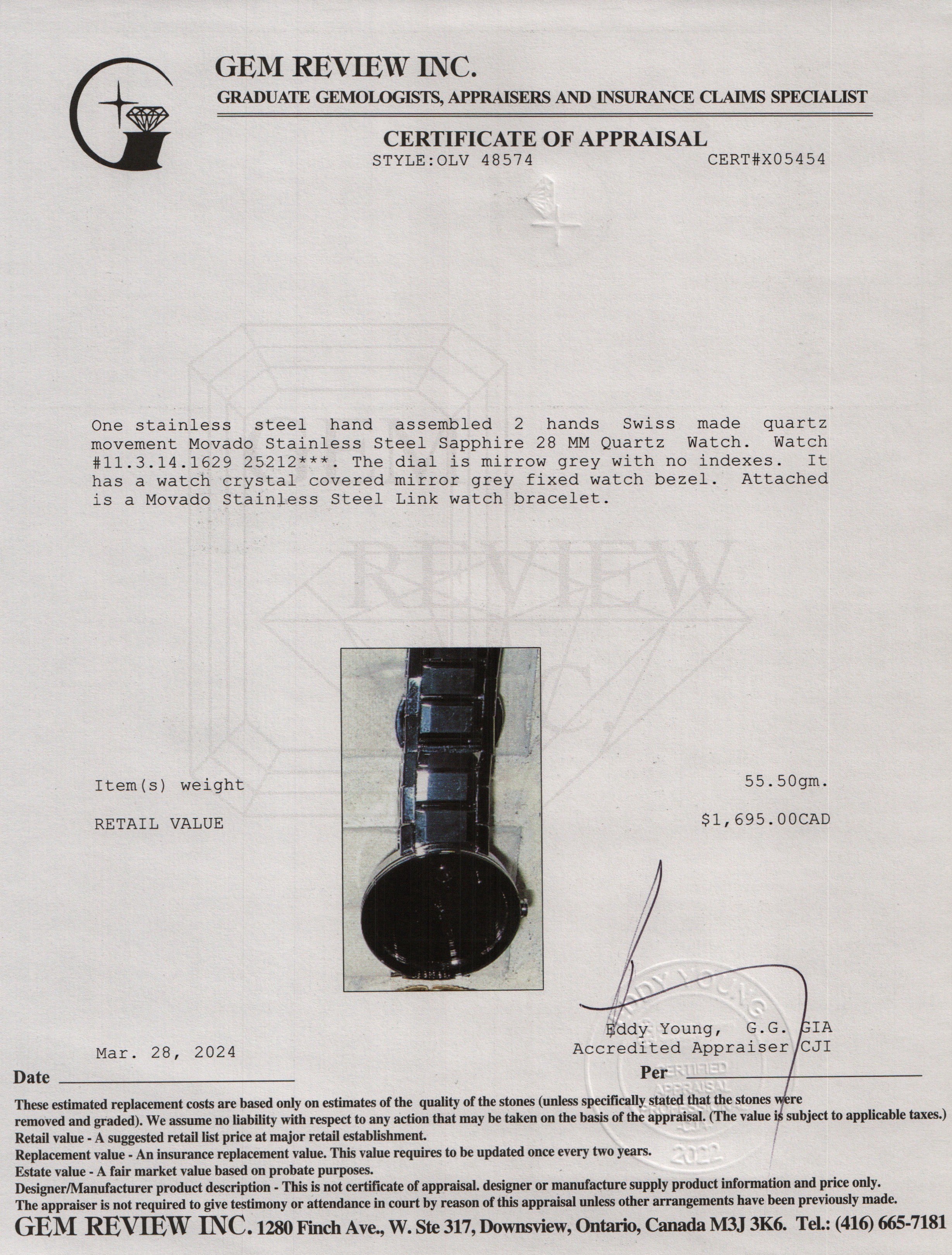 Movado Stainless Steel Sapphire 28 MM Quartz Watch w/ Box