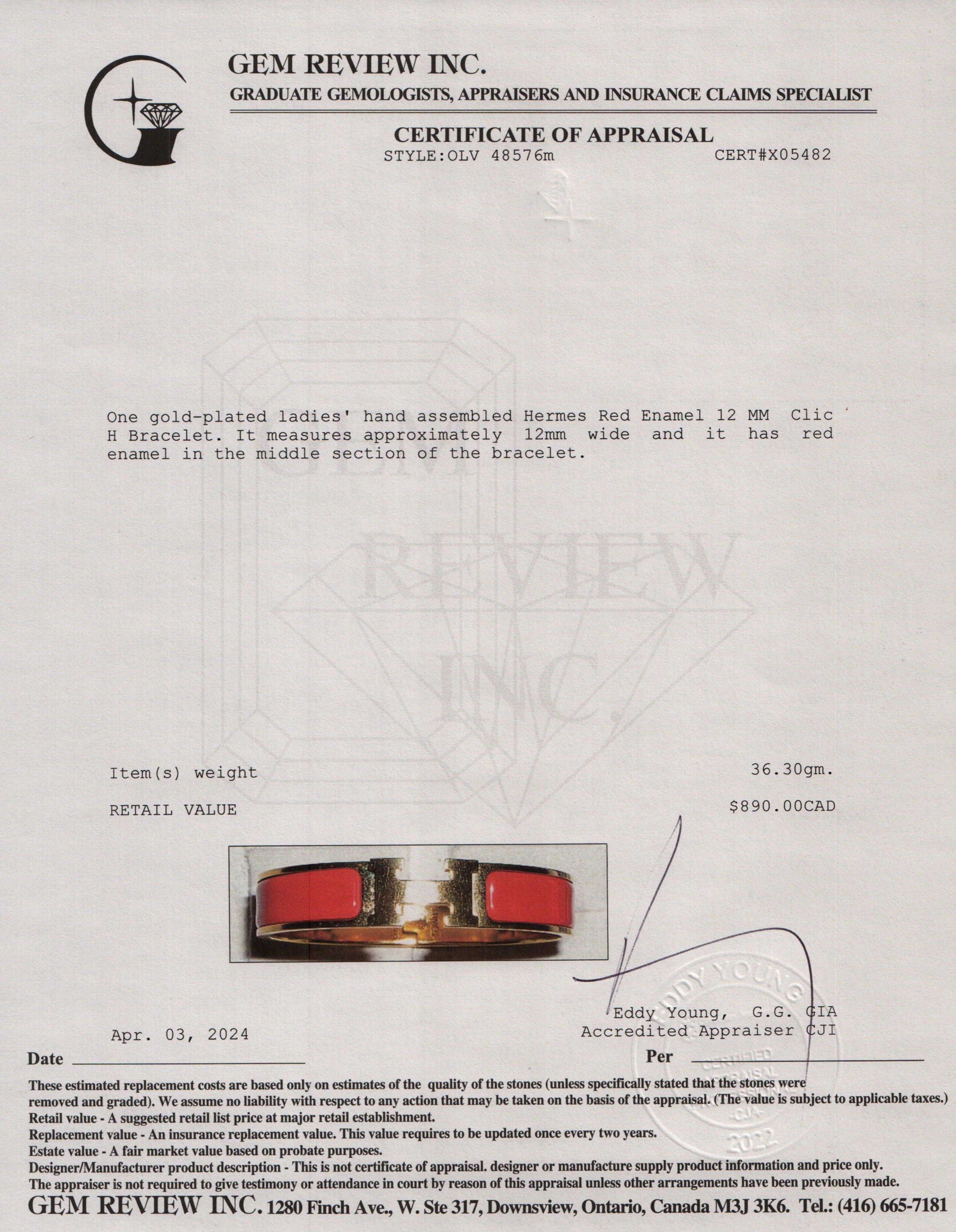 Hermes Gold-Plated Red Enamel 12 MM Clic H Bracelet w/ Box