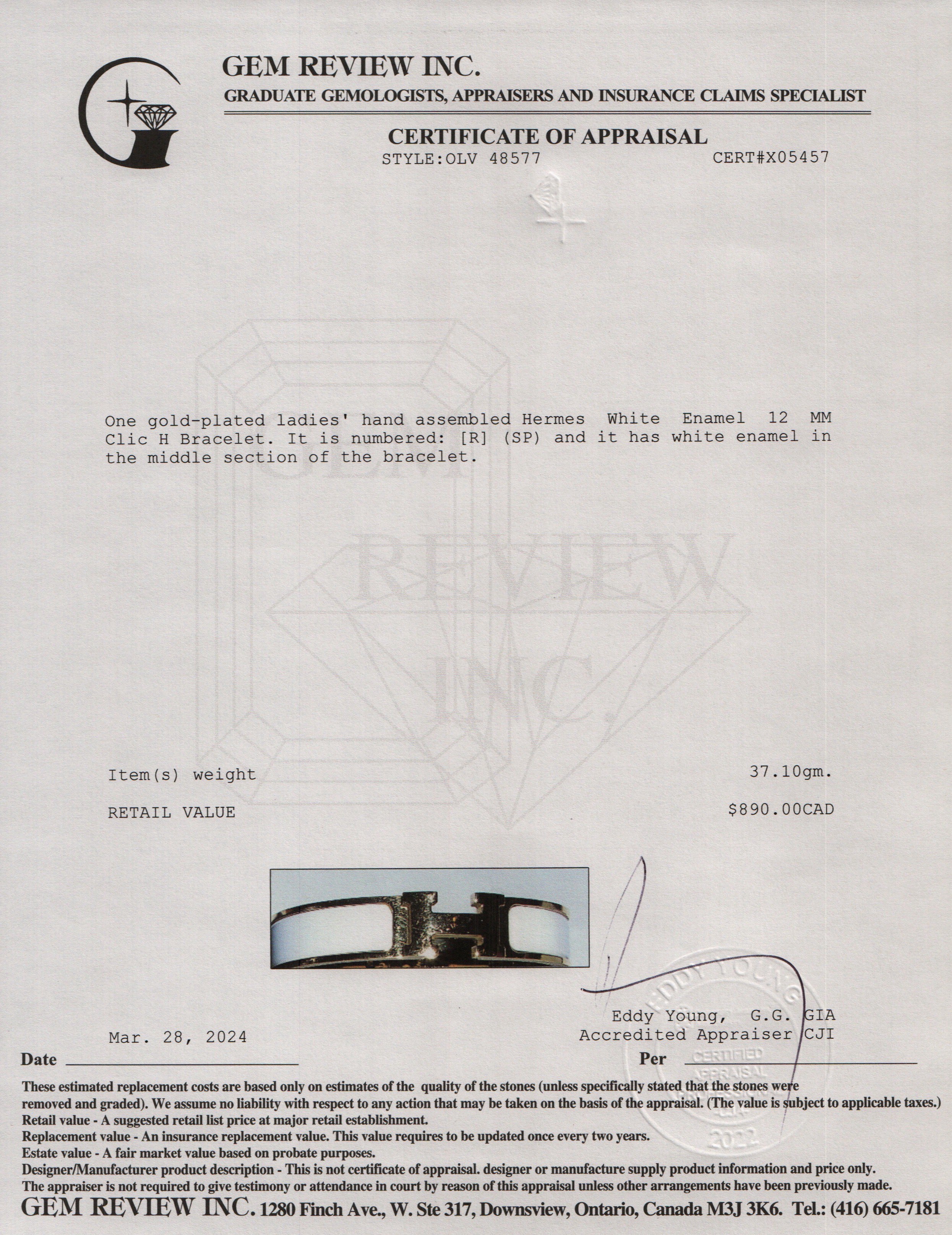 Hermes Gold-Plated White Enamel 12 MM Clic H Bracelet w/ Box