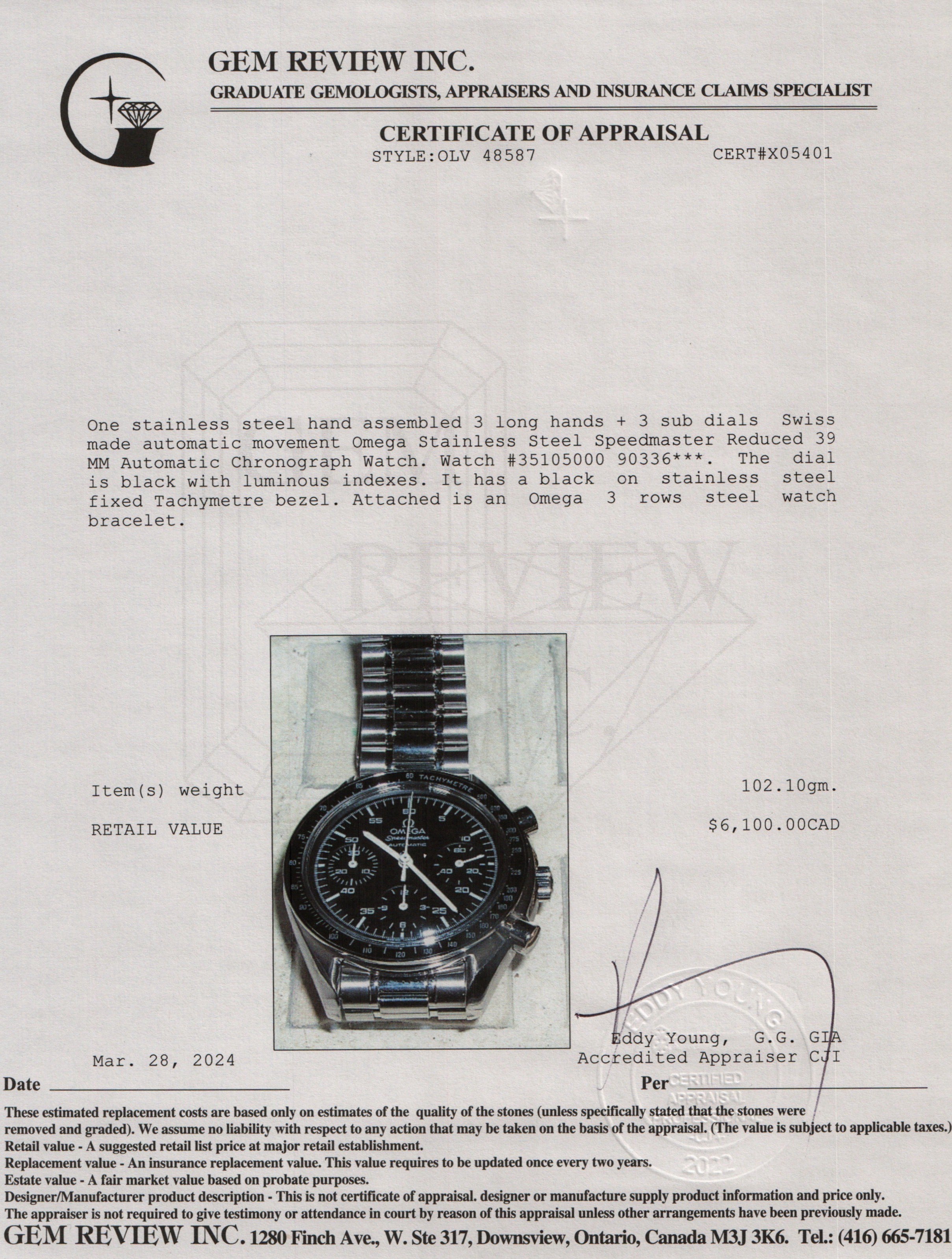 Omega Stainless Steel Speedmaster Reduced 39 MM Automatic Chronograph Watch w/ Card