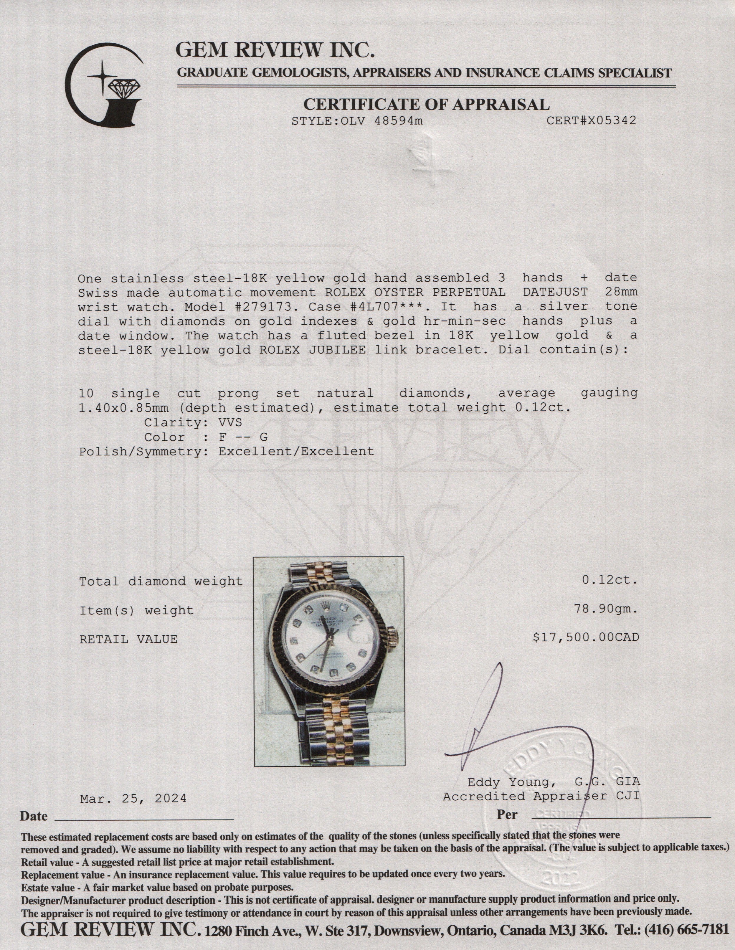 Rolex Stainless Steel & 18k Yellow Gold Lady-Datejust Diamond Dial 28 MM Watch w/ Box & Papers