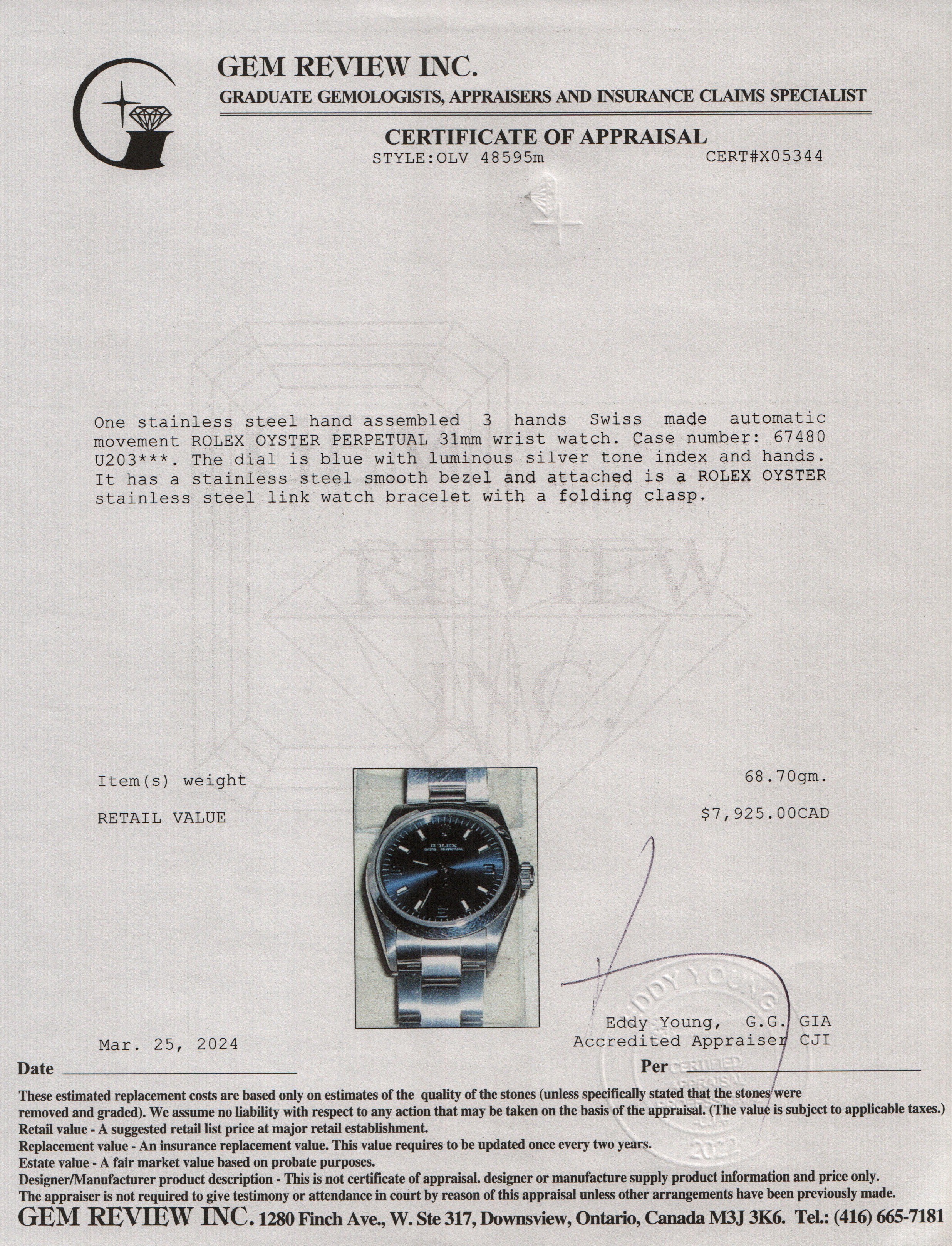 Rolex Stainless Steel Oyster Perpetual 31 MM Watch w/ Box & Papers