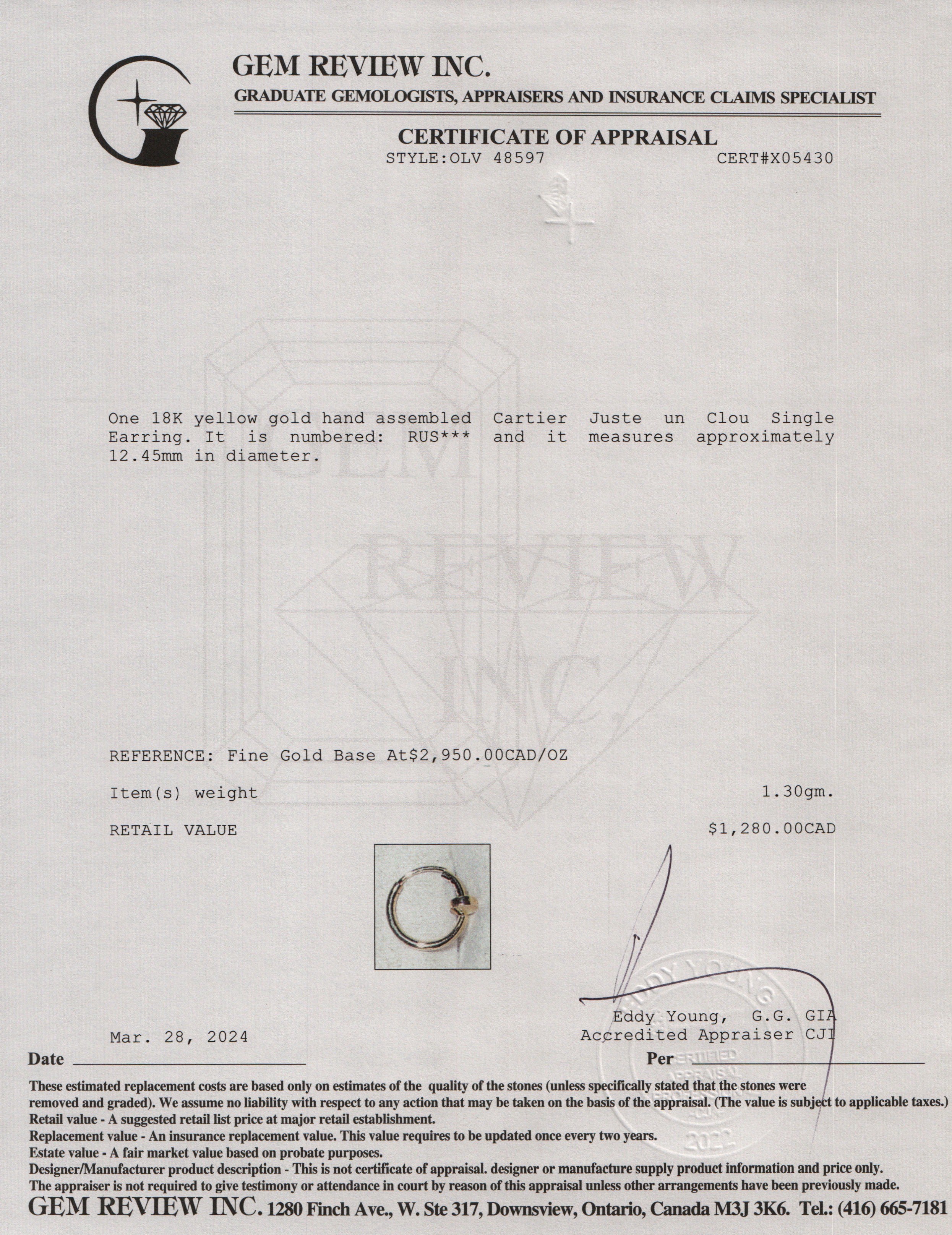 Cartier 18k Yellow Gold Juste un Clou Single Earring