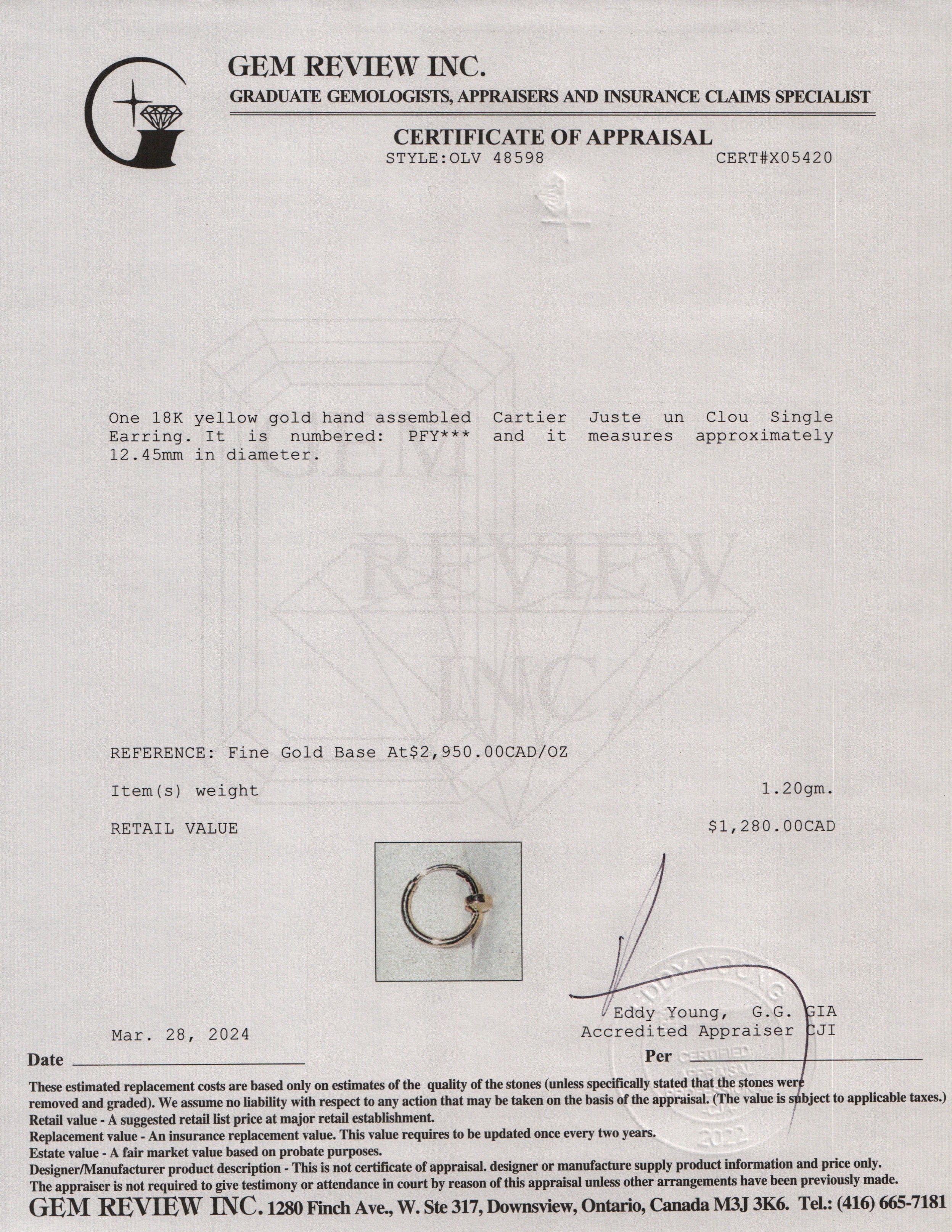 Cartier 18k Yellow Gold Juste un Clou Single Earring w/ Box