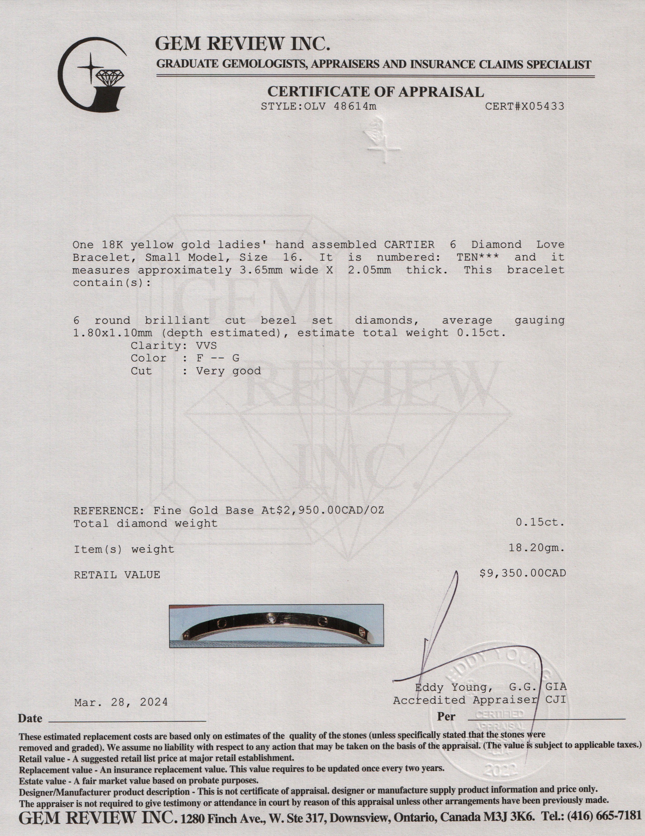 Cartier 2023 18k Yellow Gold 6 Diamond Love Bracelet, Small Model, Size 16 w/ Box, Receipt & Certificate