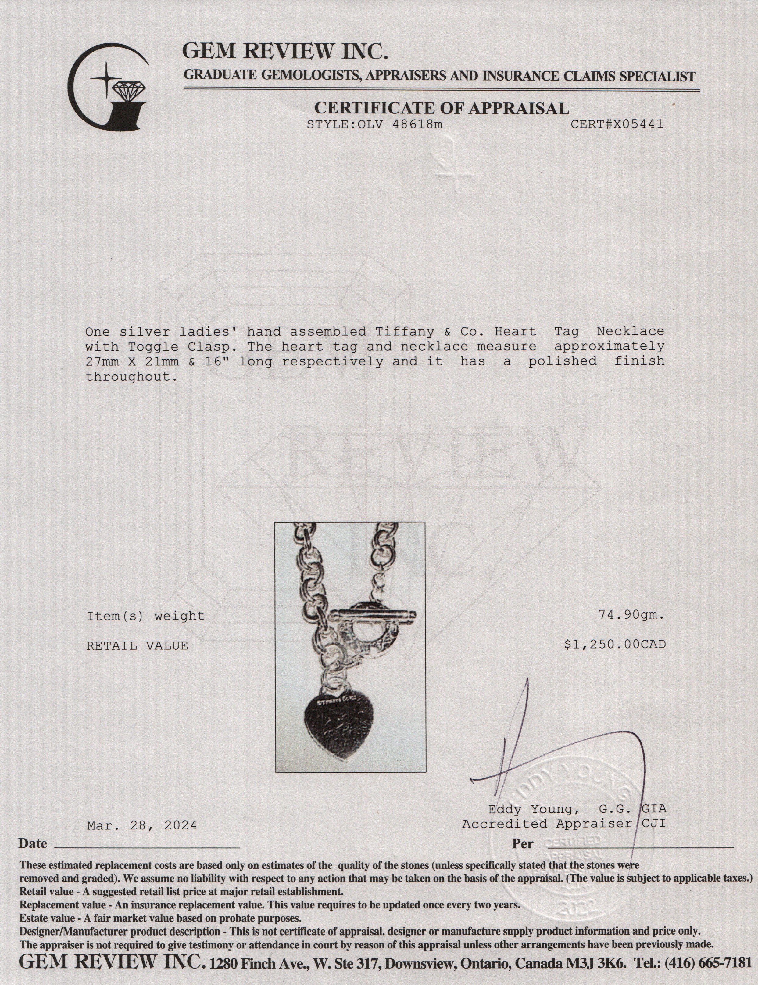 Tiffany & Co. Sterling Silver Heart Tag Necklace with Toggle Clasp
