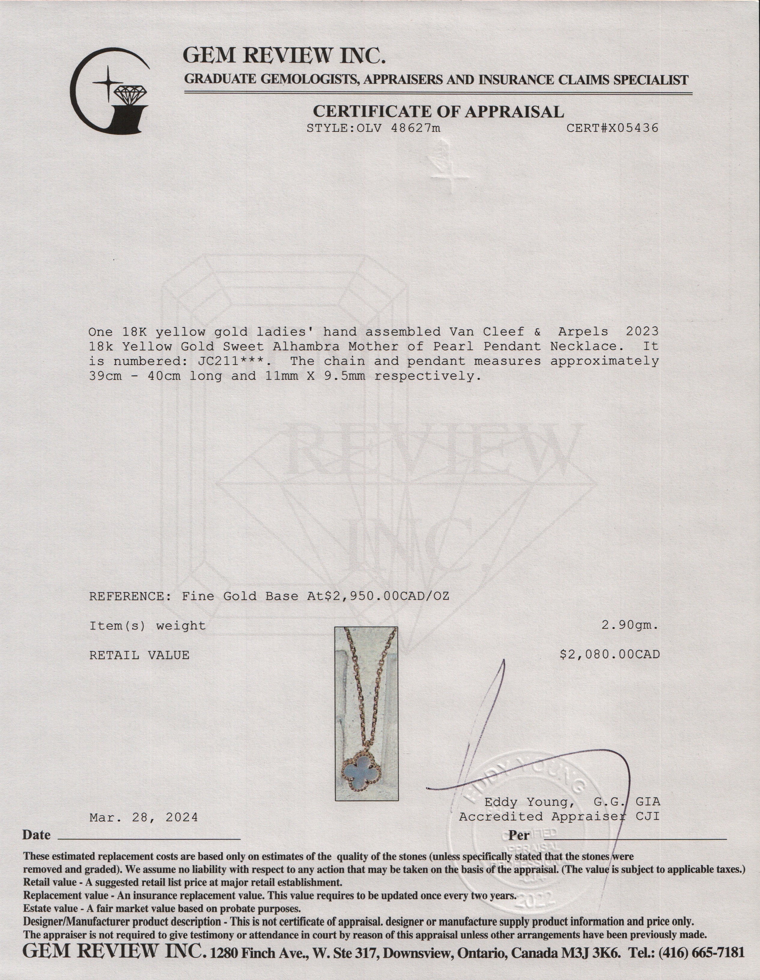 Van Cleef & Arpels 2023 18k Yellow Gold Sweet Alhambra Mother of Pearl Pendant Necklace w/ Box, Receipt & Certificate