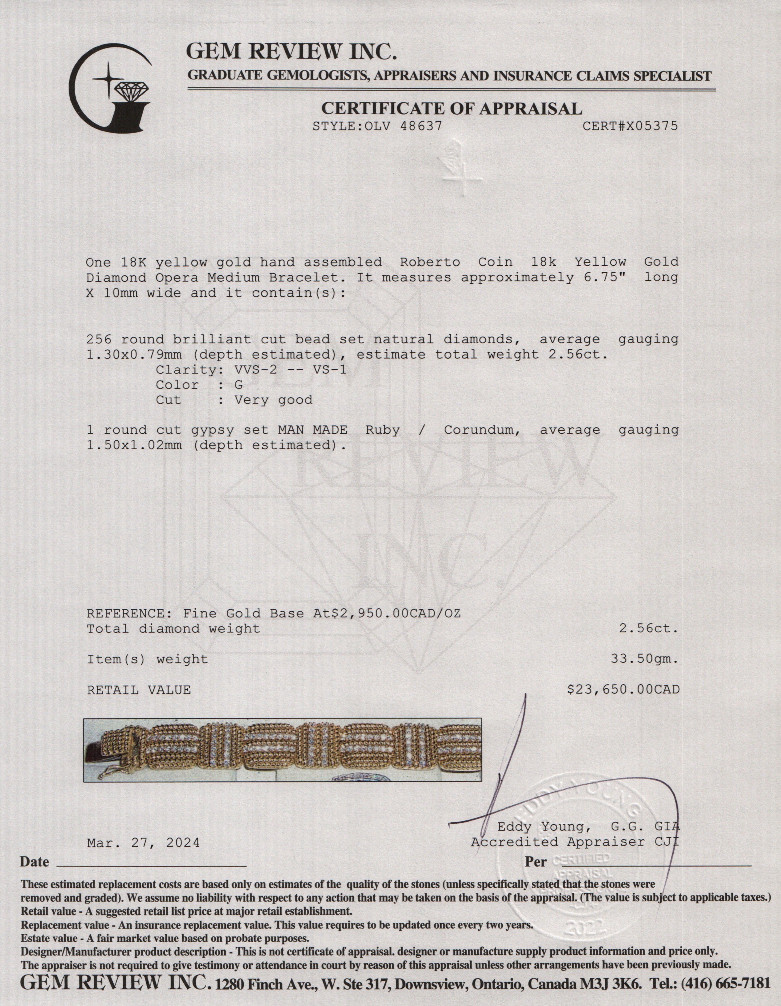 Roberto Coin 18k Yellow Gold Diamond Opera Medium Bracelet w/ Box