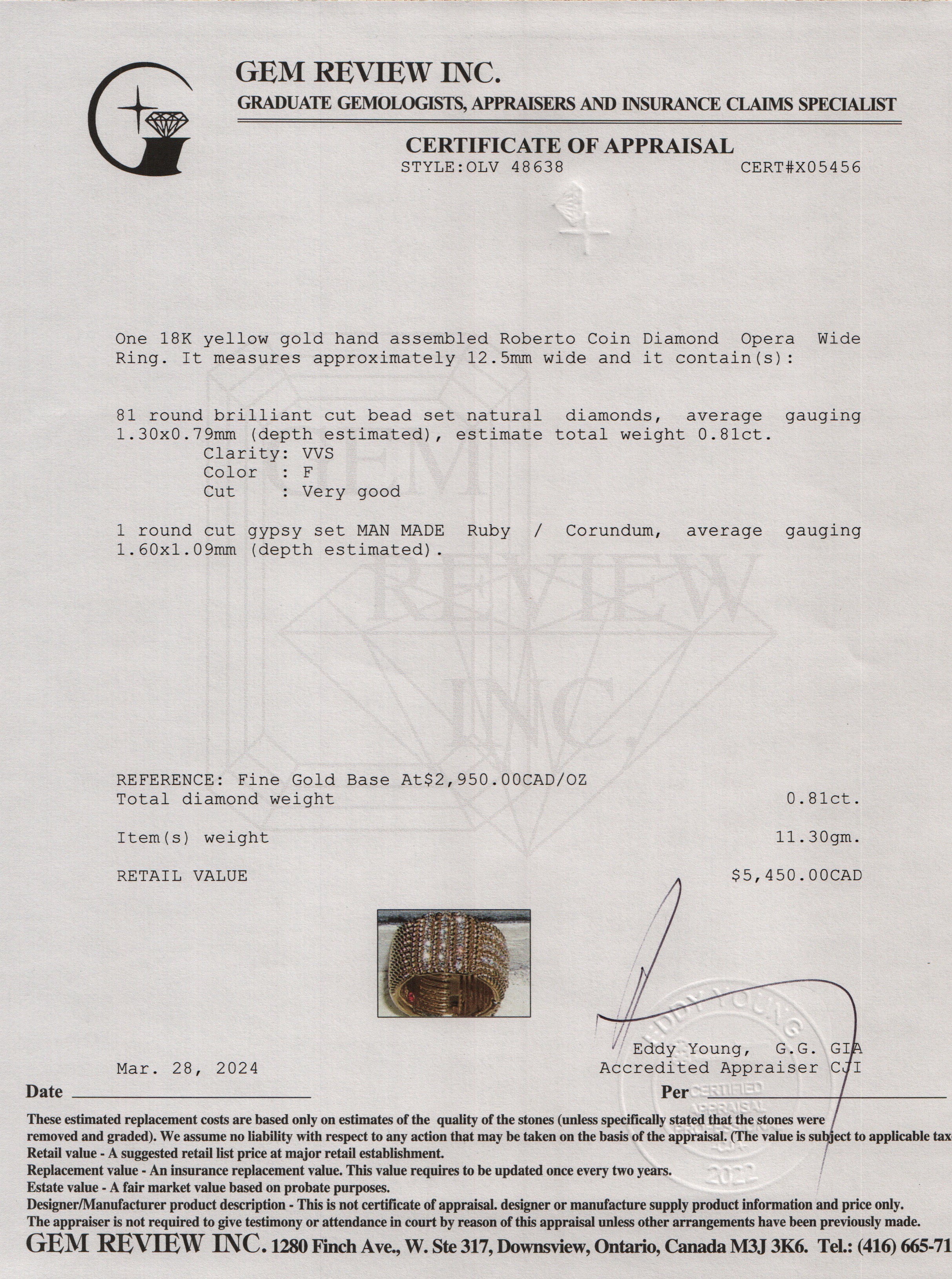 Roberto Coin 18k Yellow Gold Diamond Opera Wide Ring, Size 5.5 w/ Box