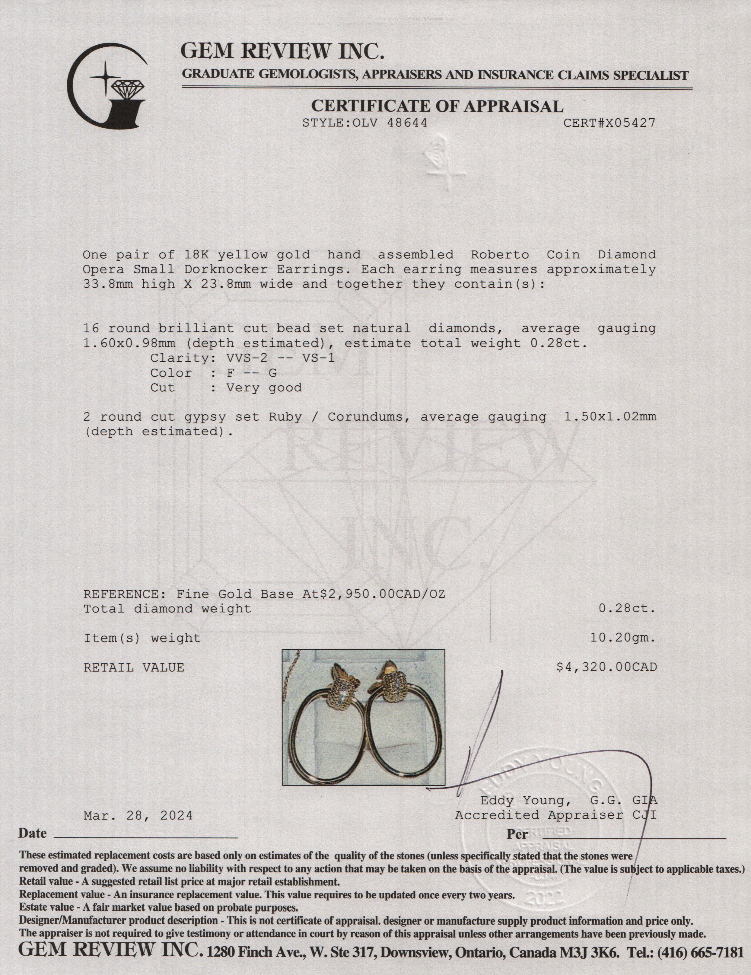 Roberto Coin 18k Yellow Gold Diamond Opera Small Dorknocker Earrings w/ Box