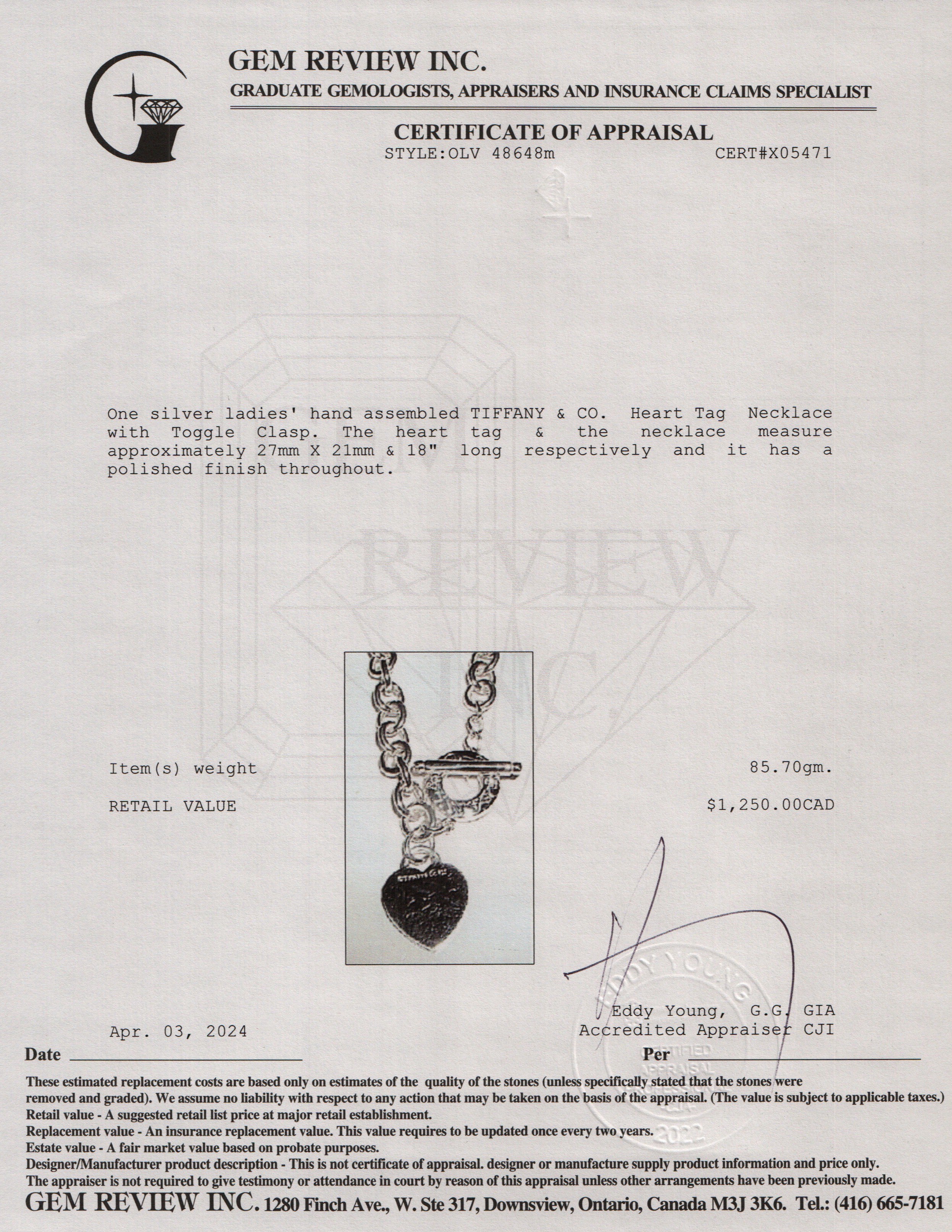 Tiffany & Co. Sterling Silver Heart Tag Necklace with Toggle Clasp