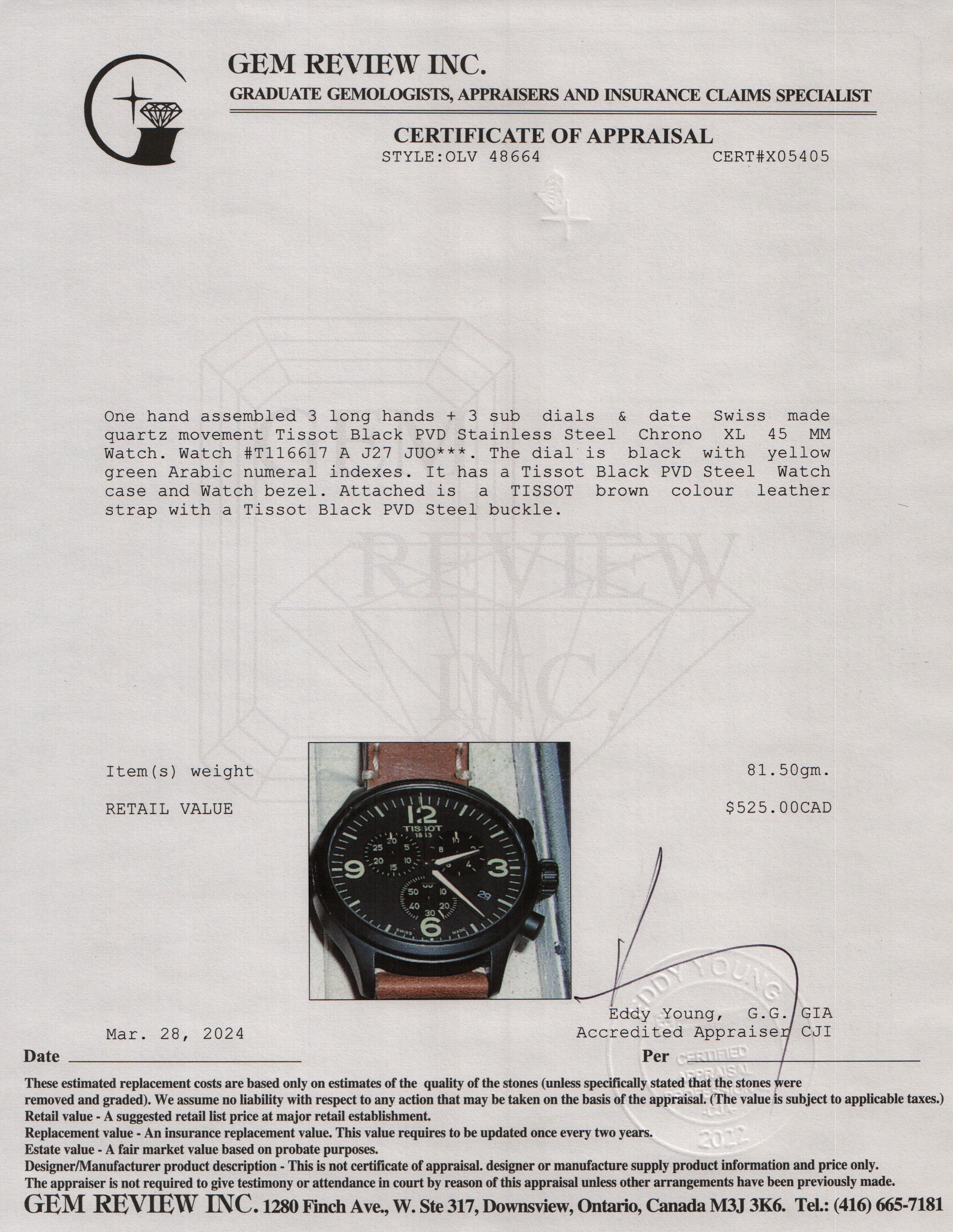 Tissot Black PVD Stainless Steel Chrono XL 45 MM Watch w/ Box & Papers