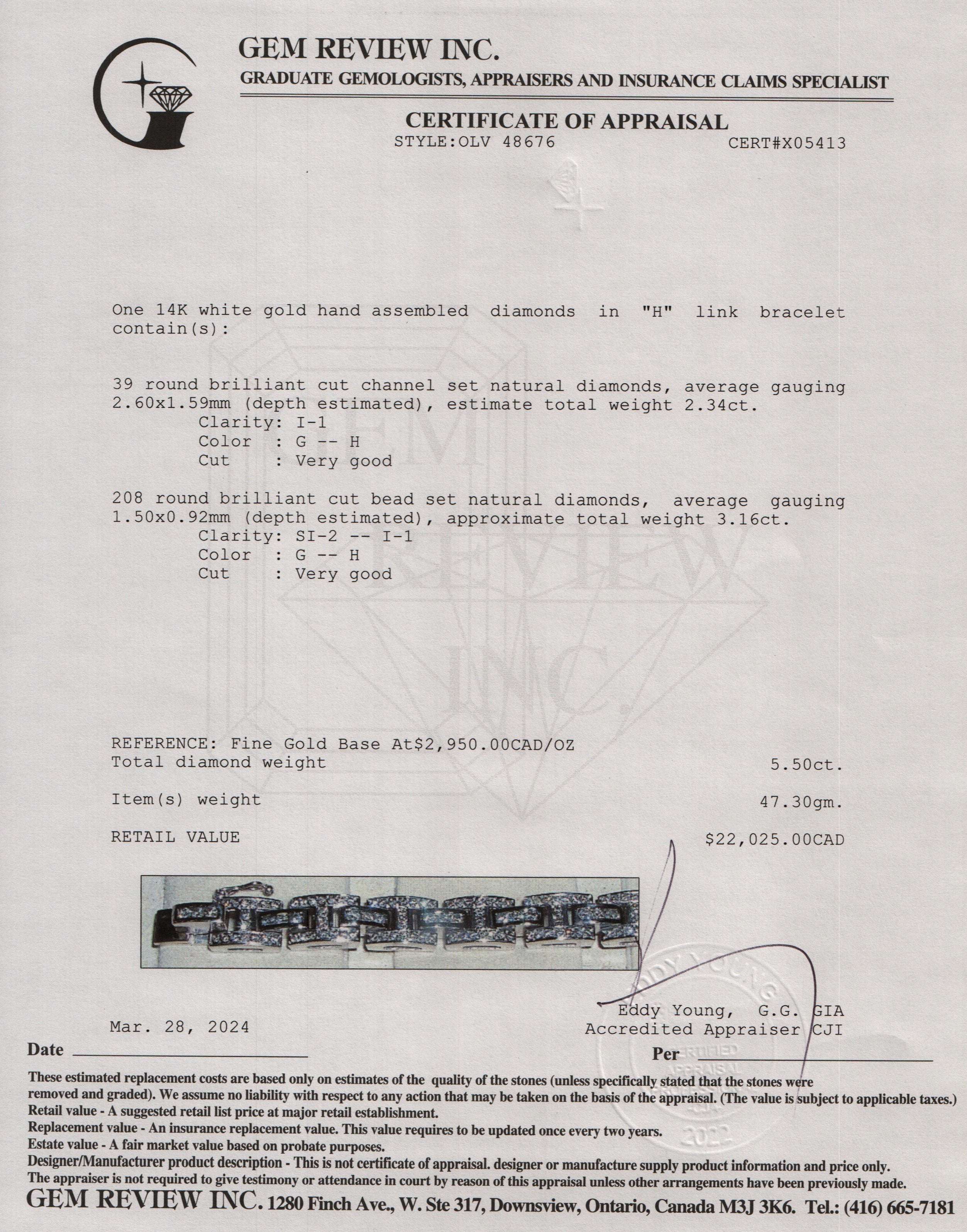 14k White Gold 5.50 tcw. Diamond 'H' Link Bracelet