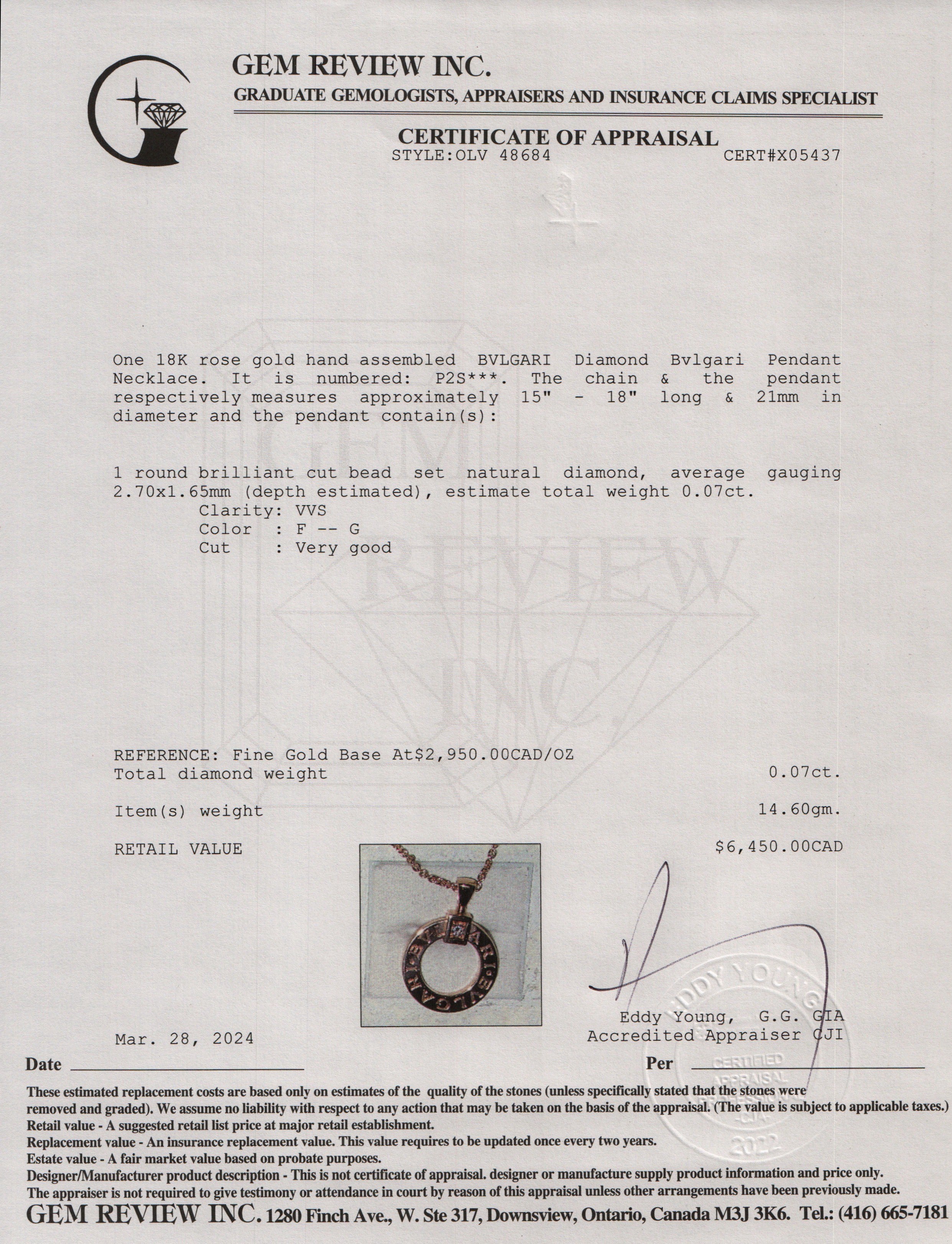 BVLGARI 18k Rose Gold Diamond Bvlgari Pendant Necklace w/ Box