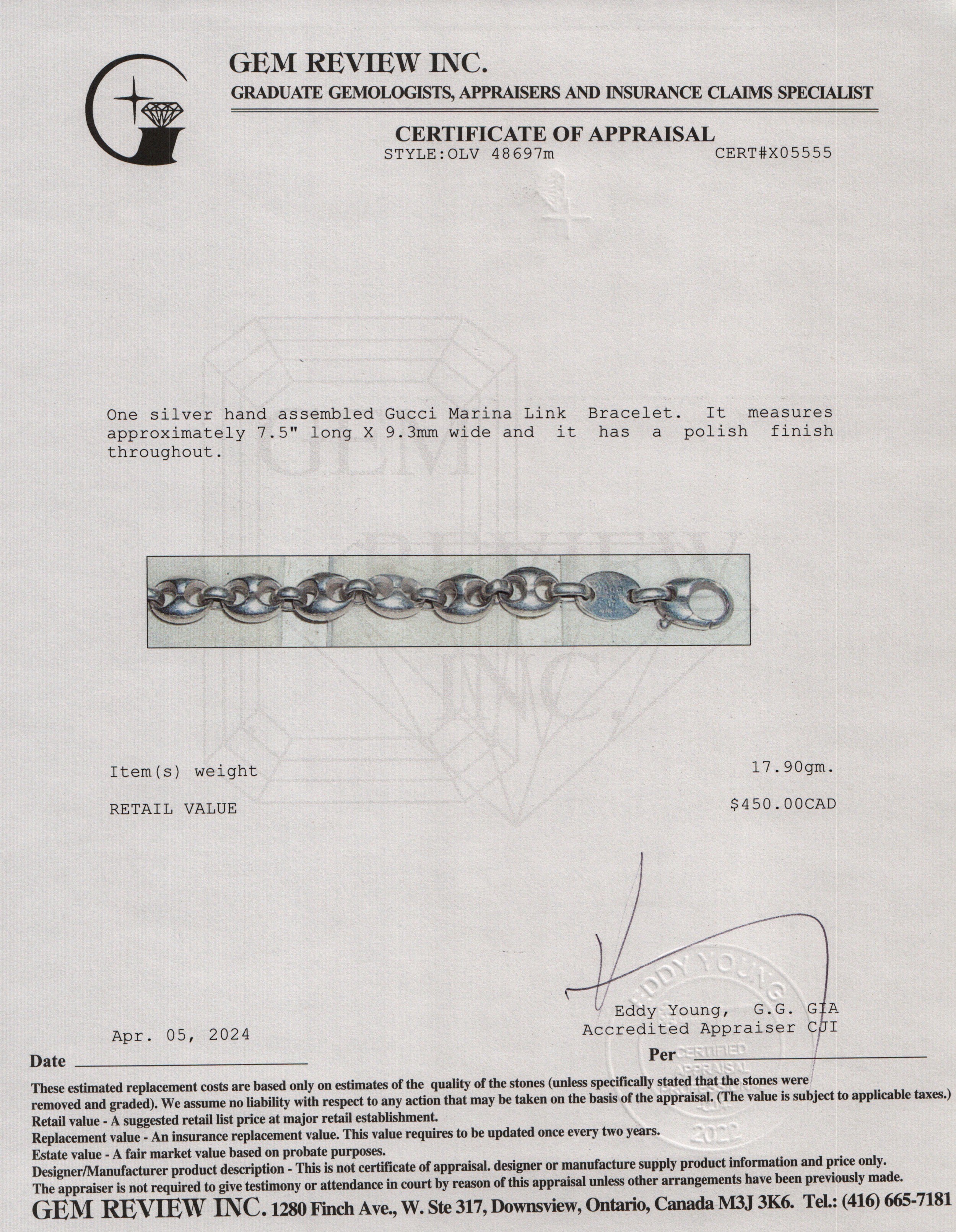 Gucci Sterling Silver Marina Link Bracelet w/ Box