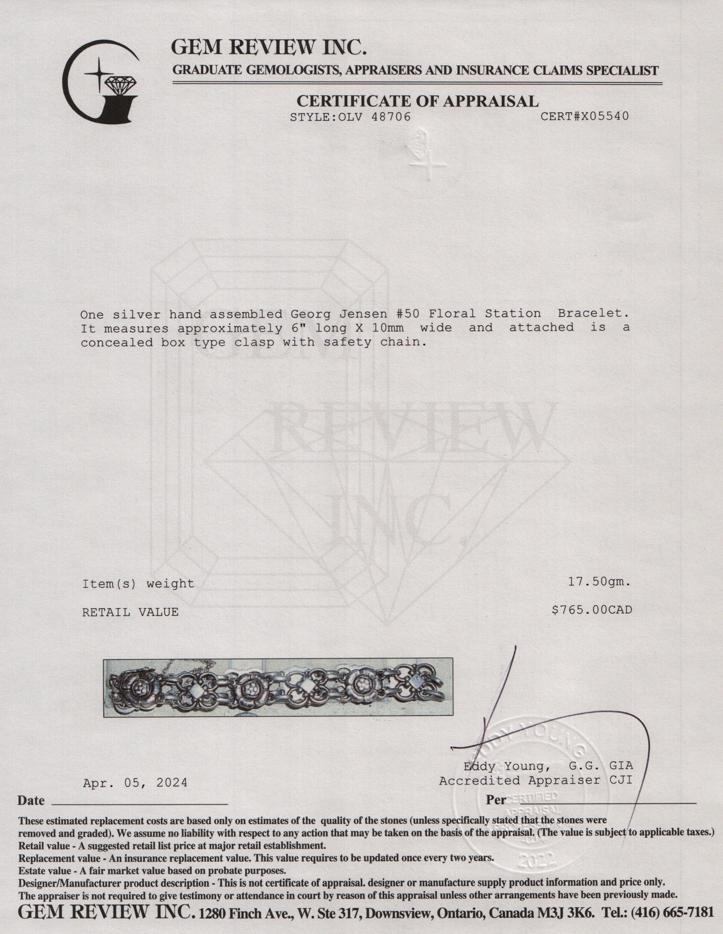 Georg Jensen Sterling Silver #50 Floral Station Bracelet