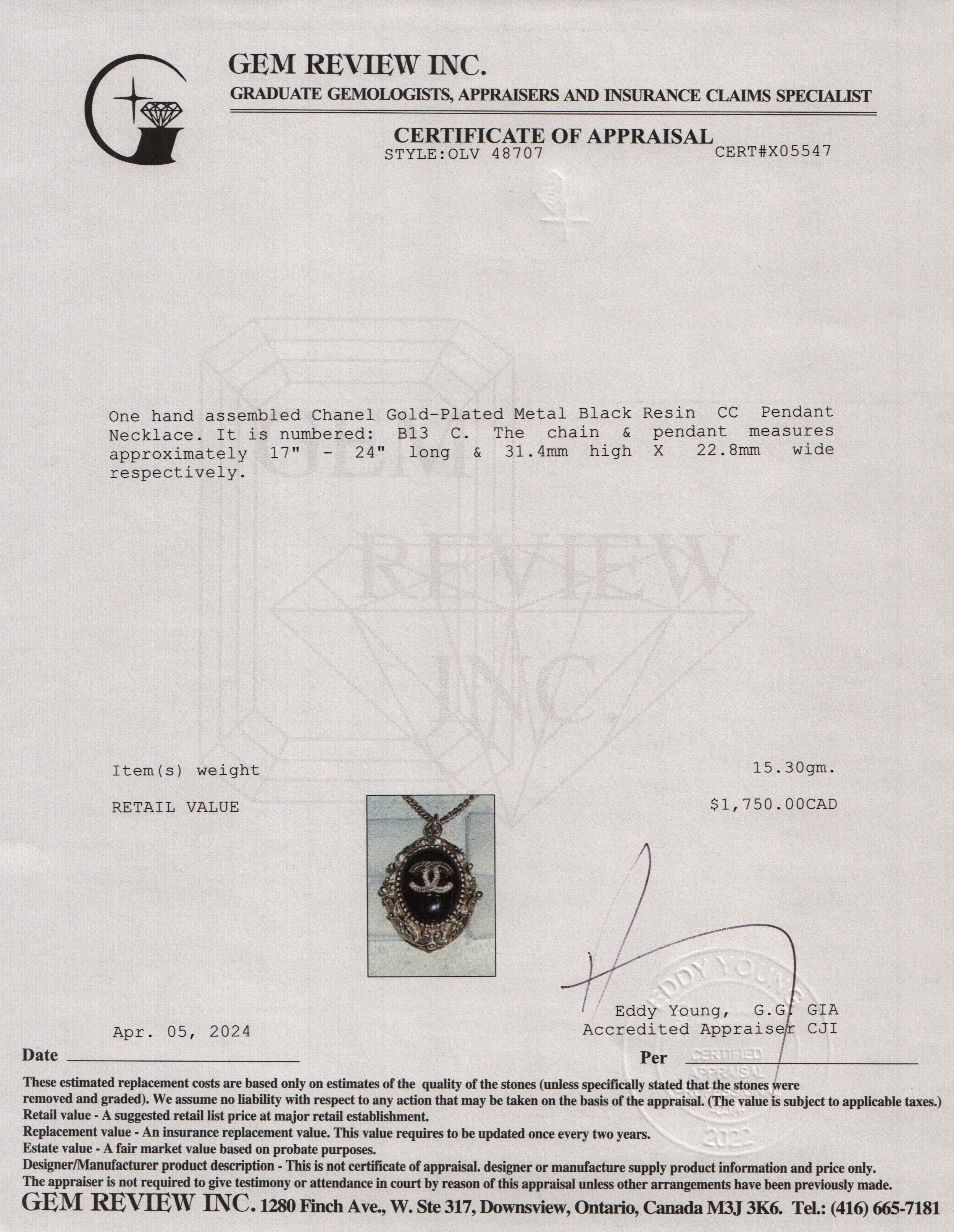 Chanel Gold-Plated Metal Black Resin CC Pendant Necklace w/ Box