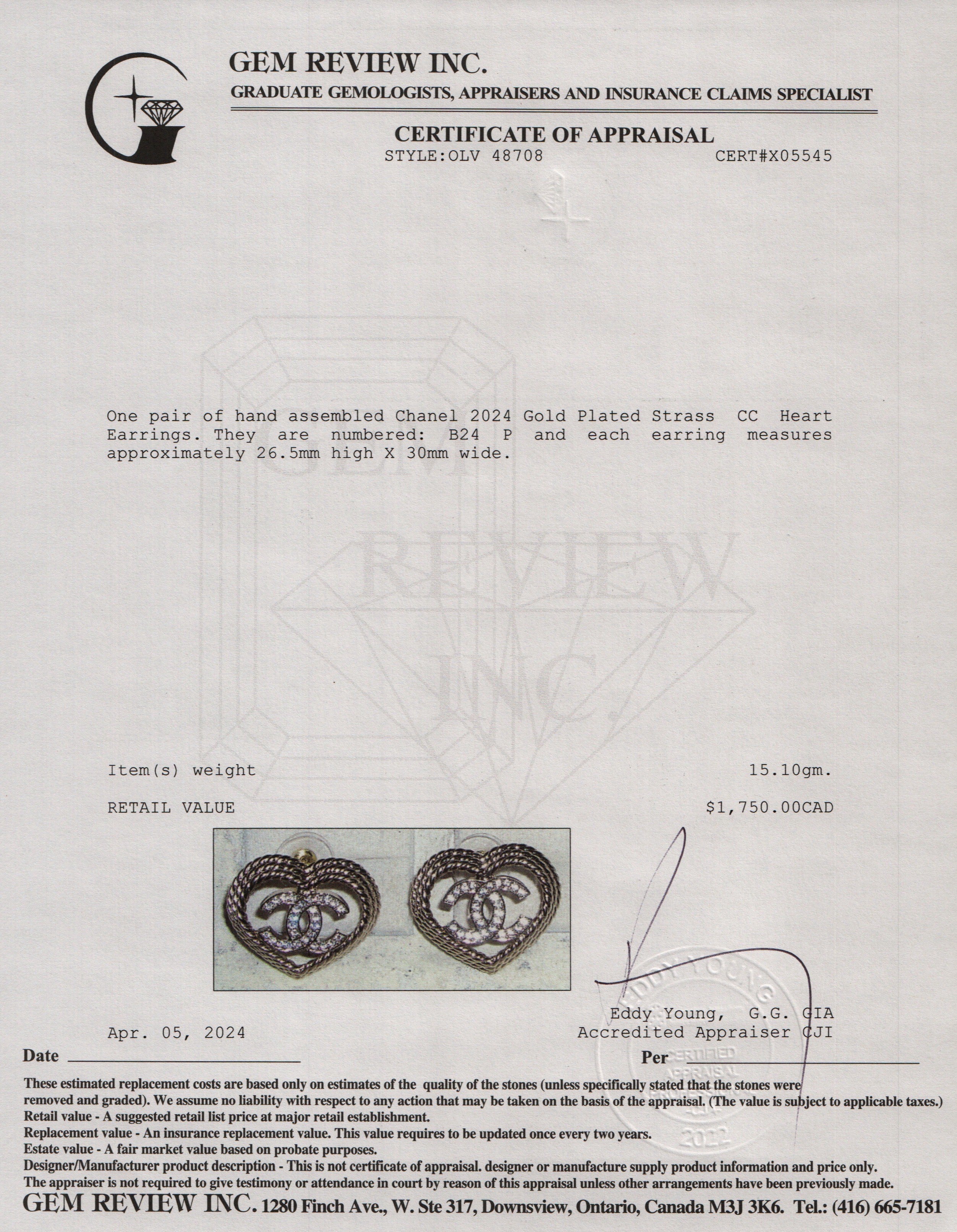 Chanel 2024 Gold Plated Strass CC Heart Earrings w/ Box