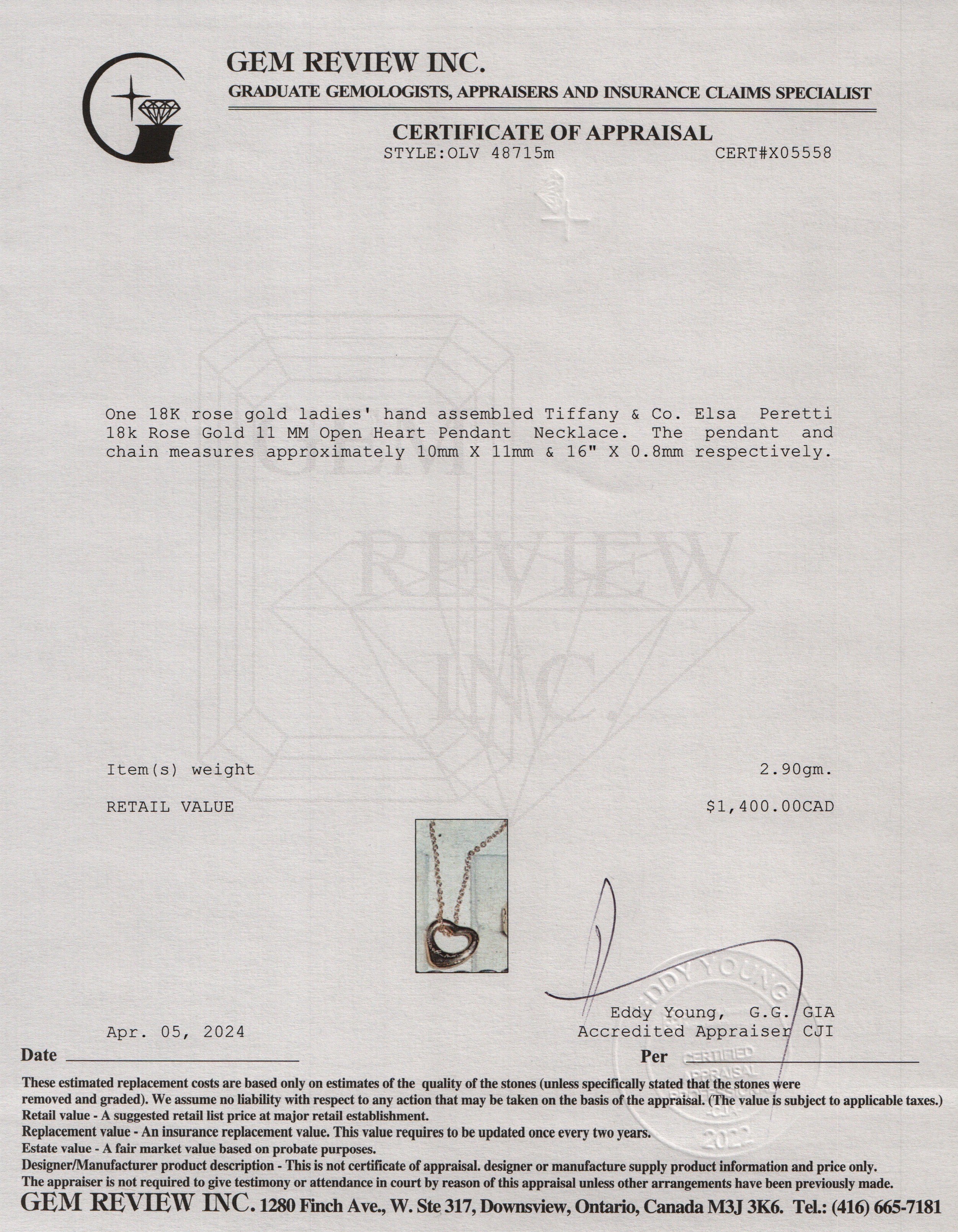 Tiffany & Co. Elsa Peretti 18k Rose Gold 11 MM Open Heart Pendant Necklace