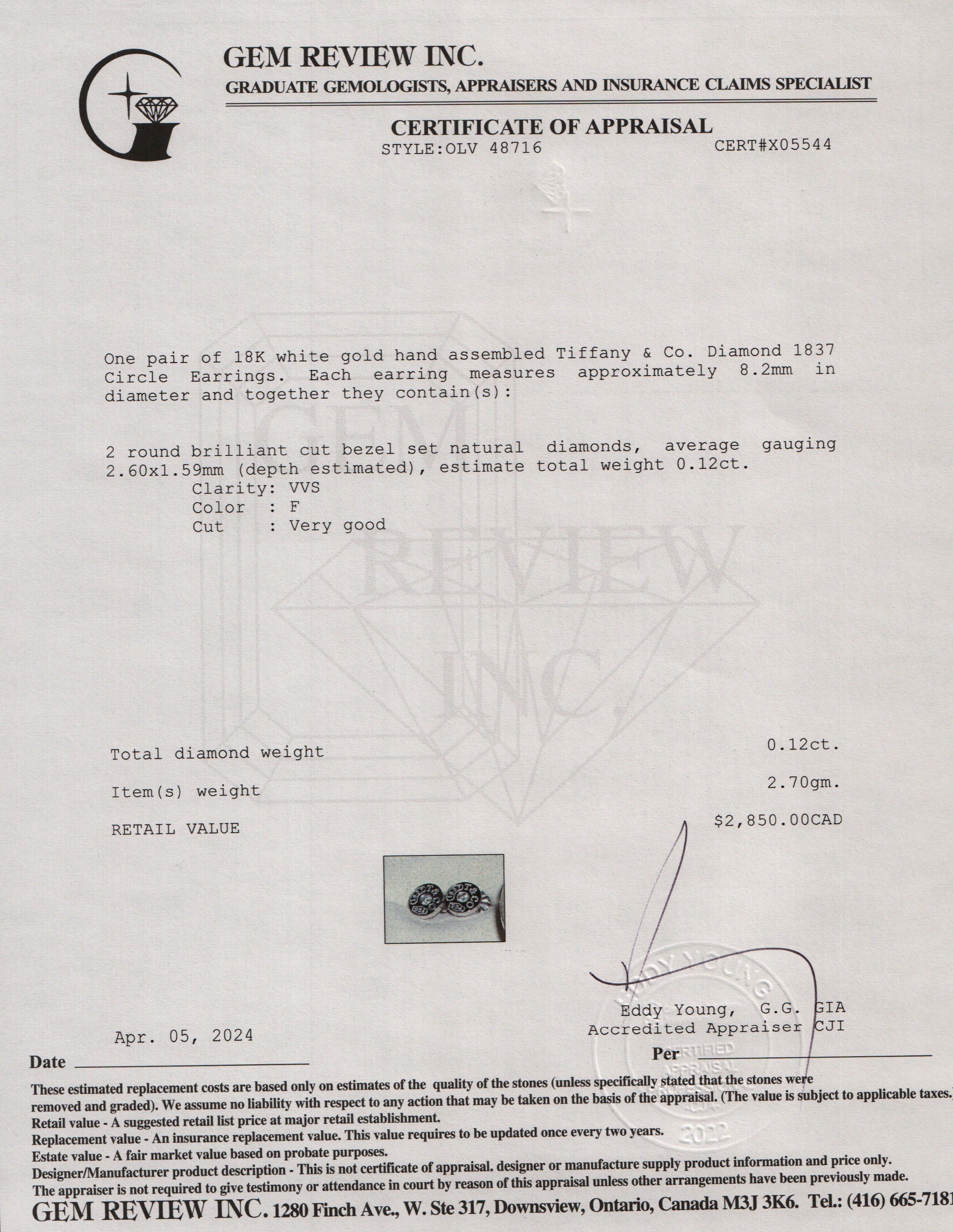 Tiffany & Co. 18k White Gold Diamond 1837 Circle Earrings w/ Box