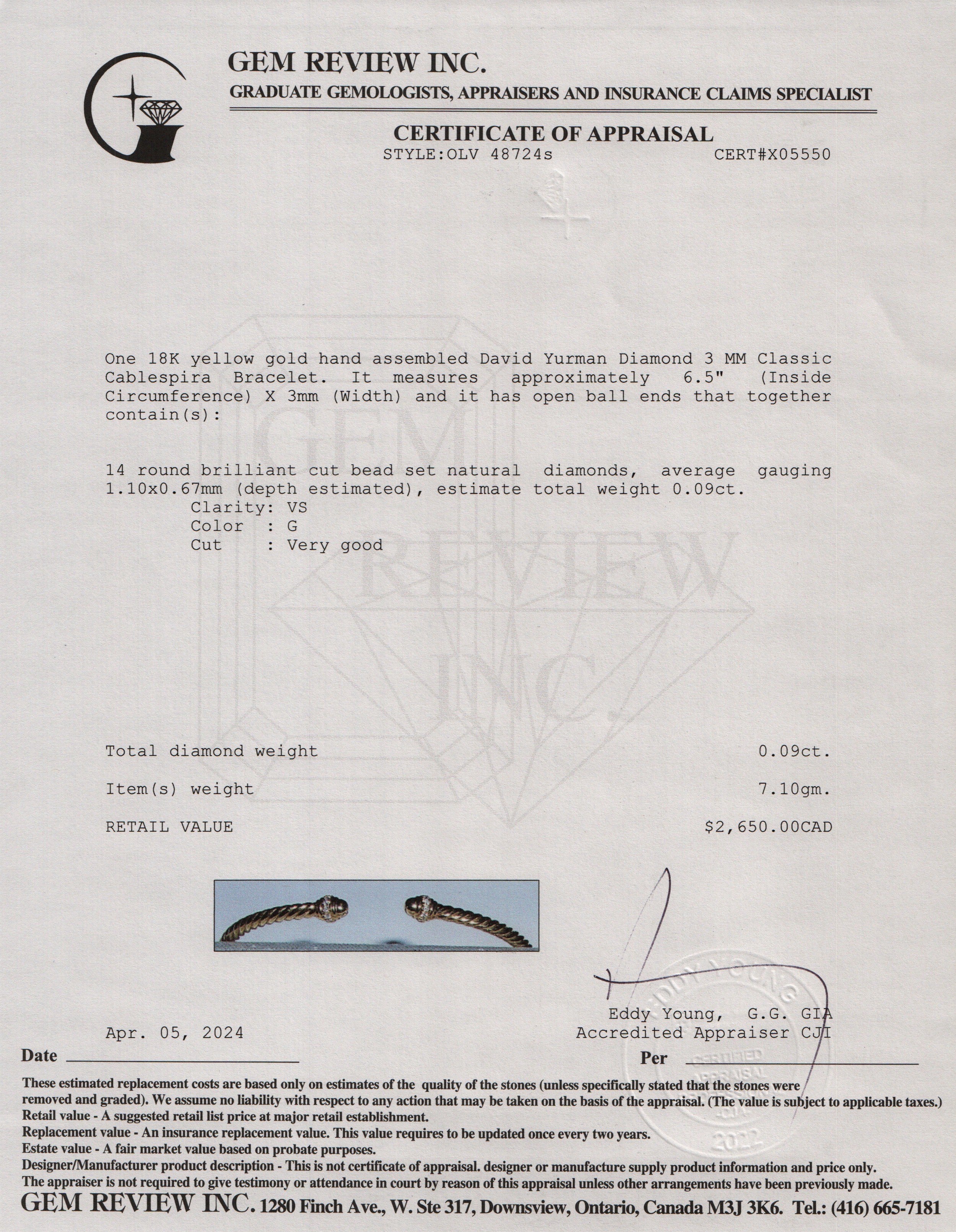 David Yurman 18k Yellow Gold Diamond 3 MM Classic Cablespira Bracelet w/ Box