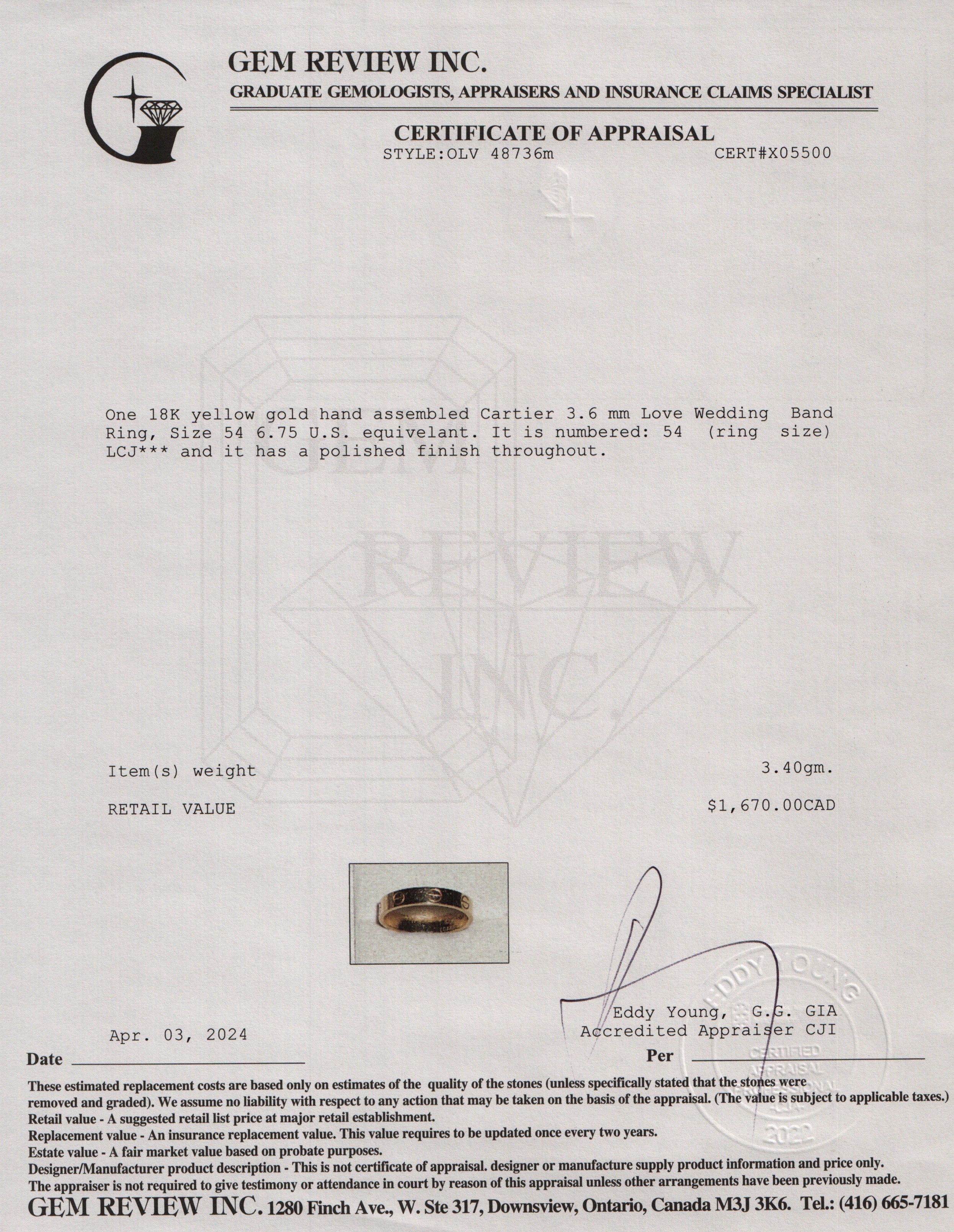 Cartier 18k Yellow Gold 3.6 mm Love Wedding Band Ring, Size 54 6.75