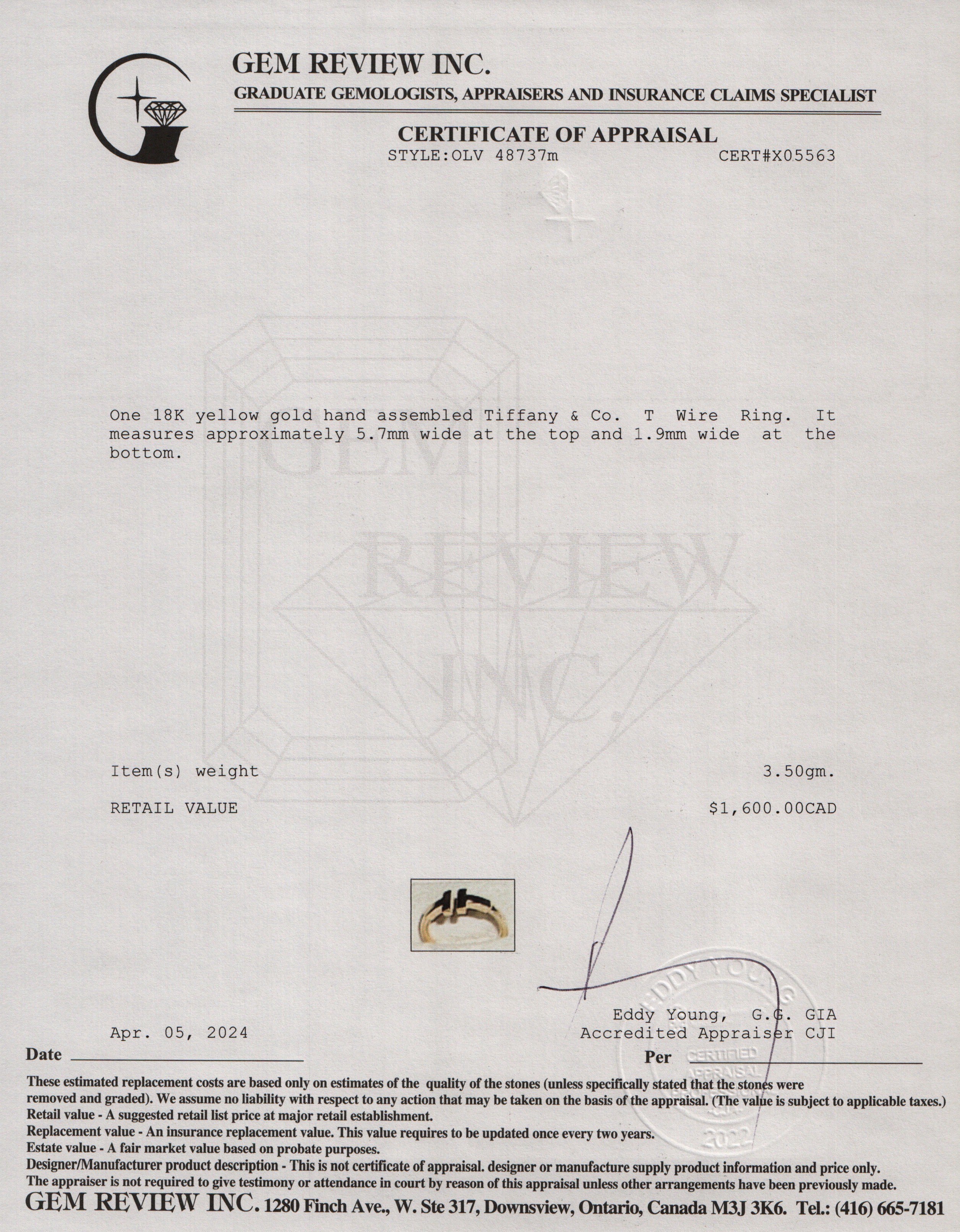 Tiffany & Co. 18k Yellow Gold T Wire Ring, Size 7