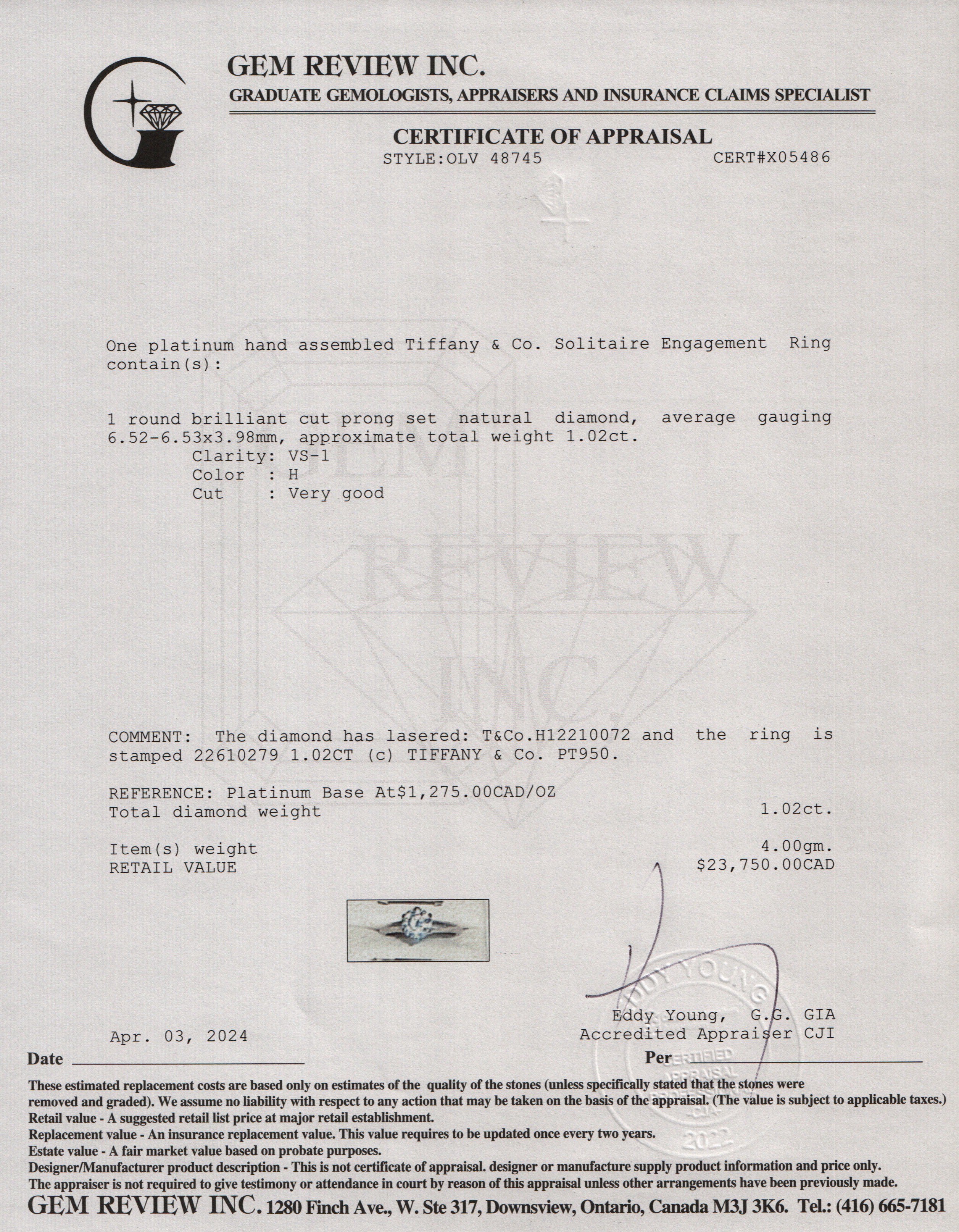 Tiffany & Co. Platinum 1.02 ct. Diamond Solitaire Engagement Ring, Size 4 w/ Box