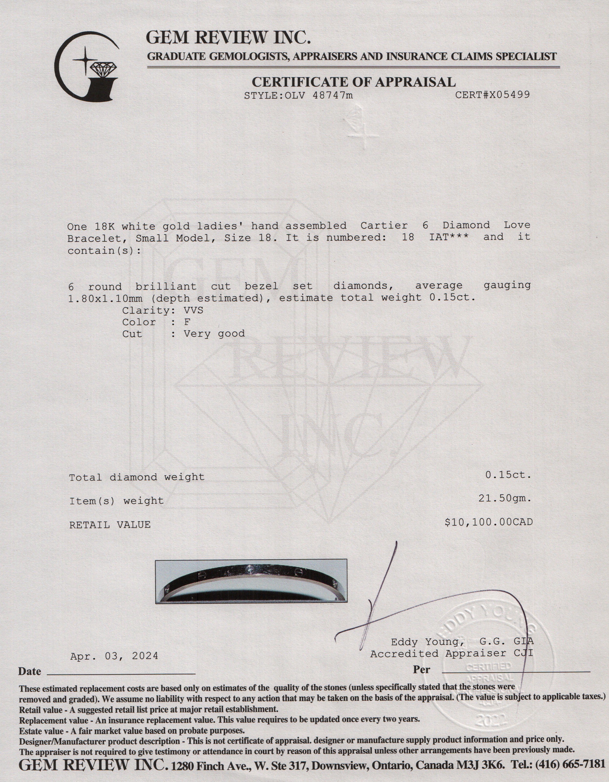 Cartier 2020 18k White Gold 6 Diamond Love Bracelet, Small Model, Size 18 w/ Certificate