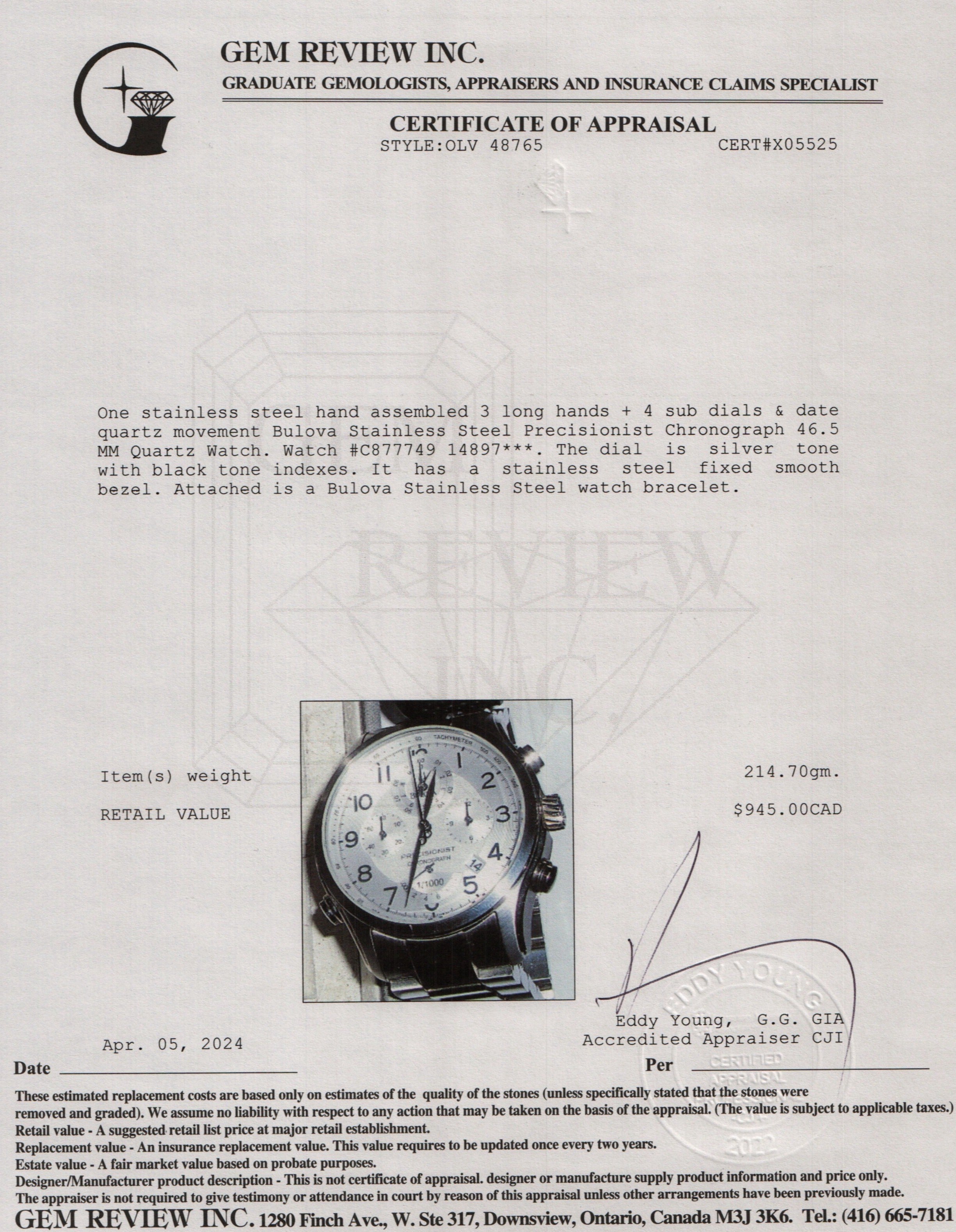 Bulova Stainless Steel Precisionist Chronograph 46.5 MM Quartz Watch w/ Box