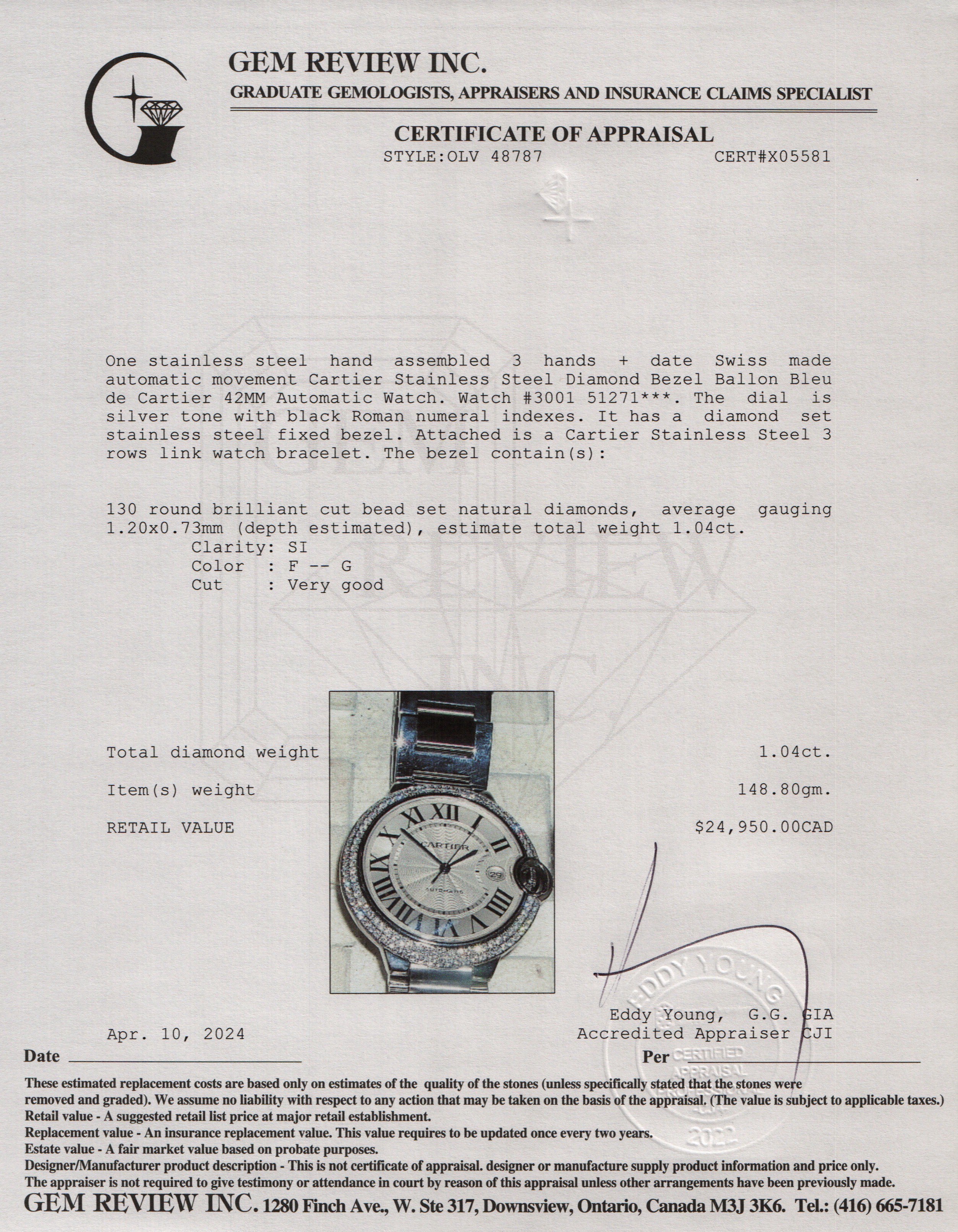 Cartier Stainless Steel Diamond Bezel Ballon Bleu de Cartier 42MM Automatic Watch w/ Box & Papers