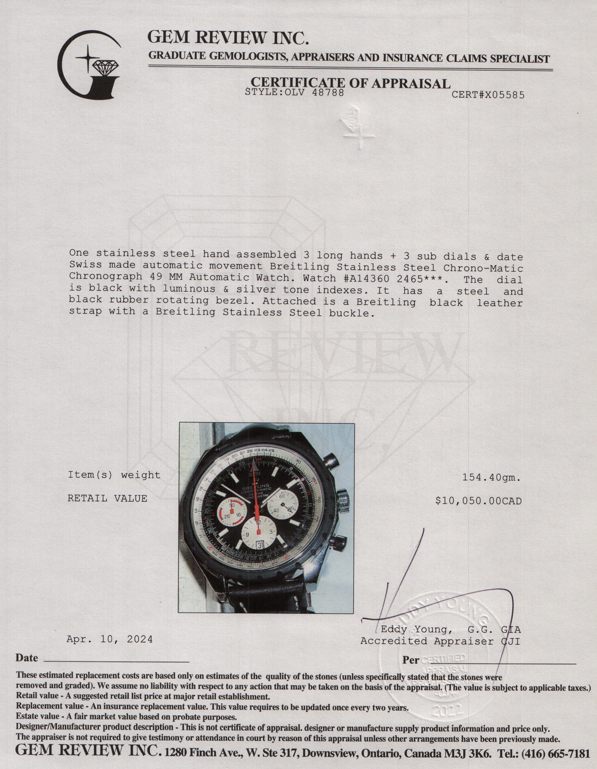 Breitling Stainless Steel Chrono-Matic Chronograph 49 MM Automatic Watch w/ Box & Papers