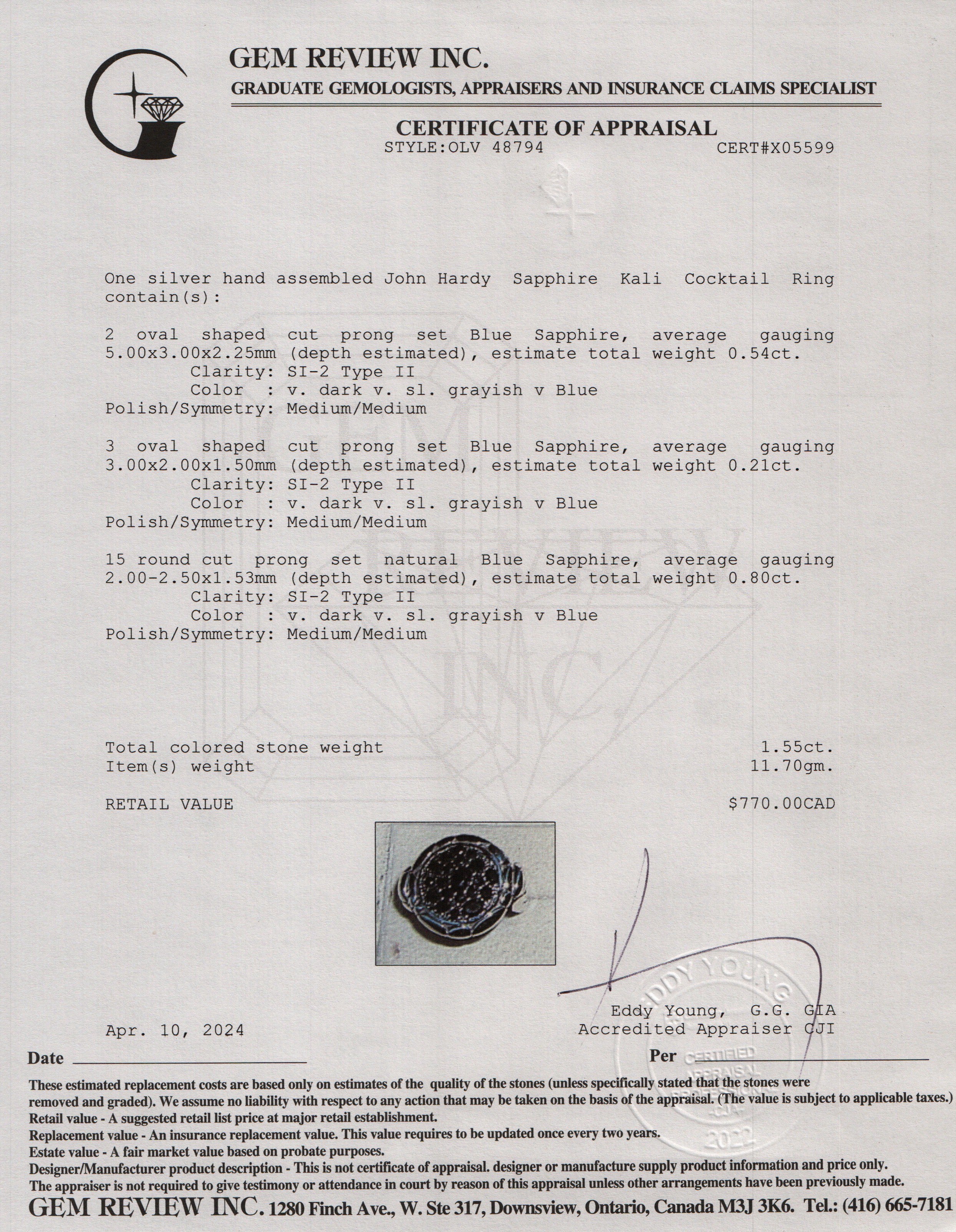 John Hardy Sterling Silver Sapphire Kali Cocktail Ring, Size 7.5