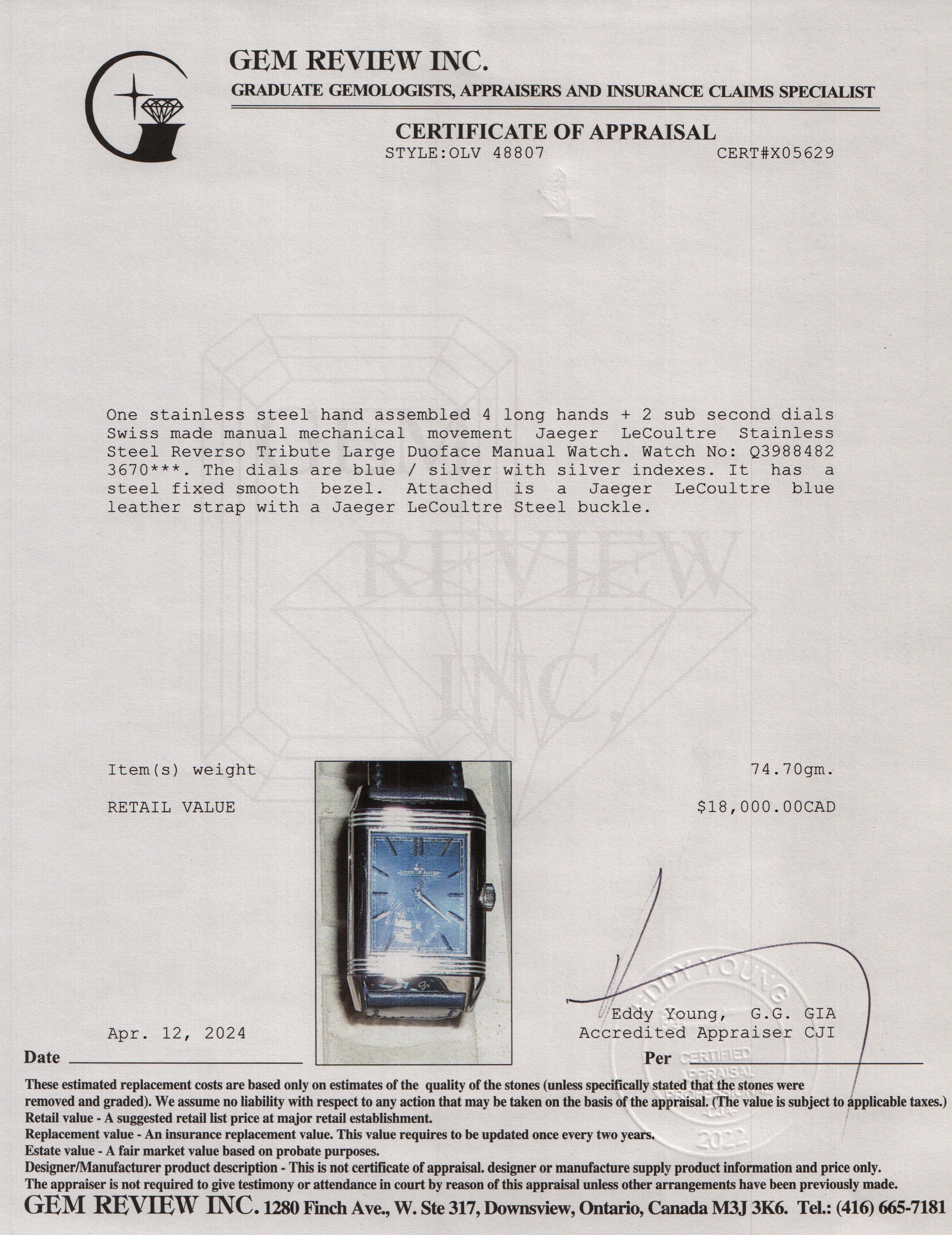 Jaeger LeCoultre Stainless Steel Reverso Tribute Large Duoface Manual Watch w/ Box & Papers