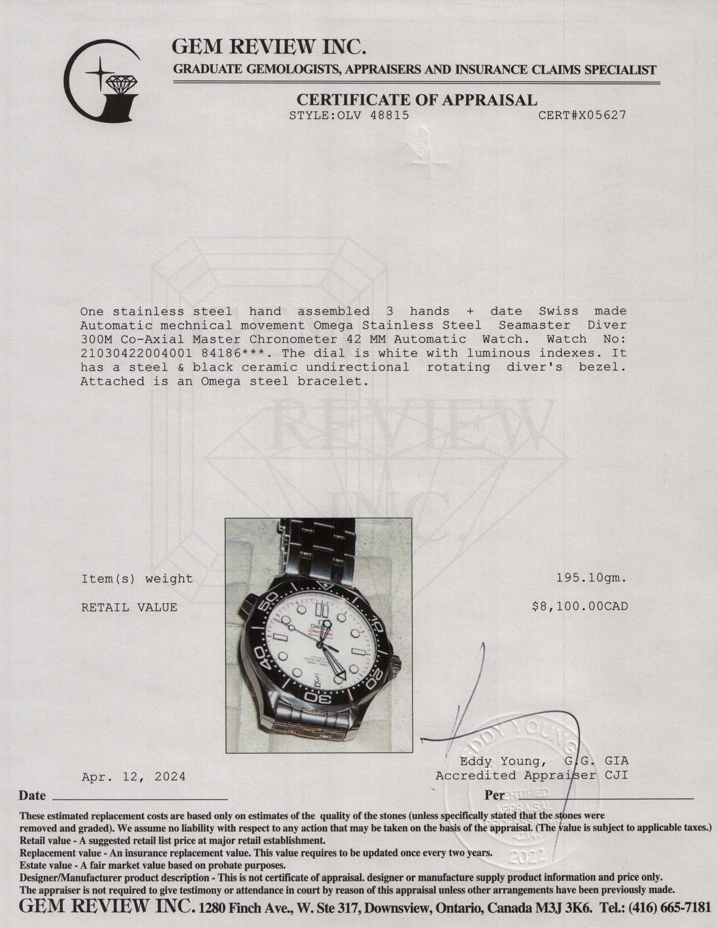 Omega Stainless Steel Seamaster Diver 300M Co-Axial Master Chronometer 42 MM Automatic Watch w/ Box & Papers