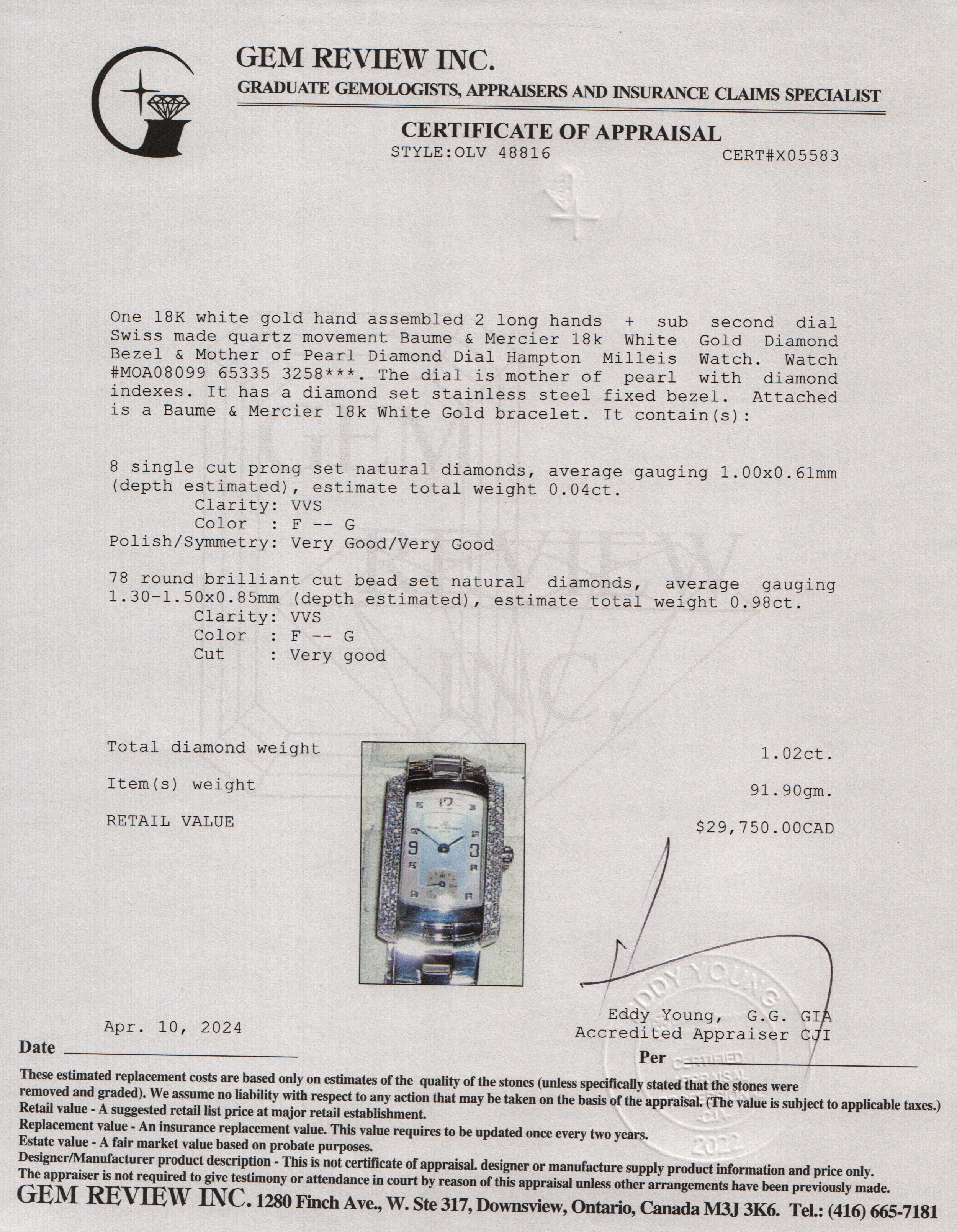 Baume & Mercier 18k White Gold Diamond Bezel & Mother of Pearl Diamond Dial Hampton Milleis Watch