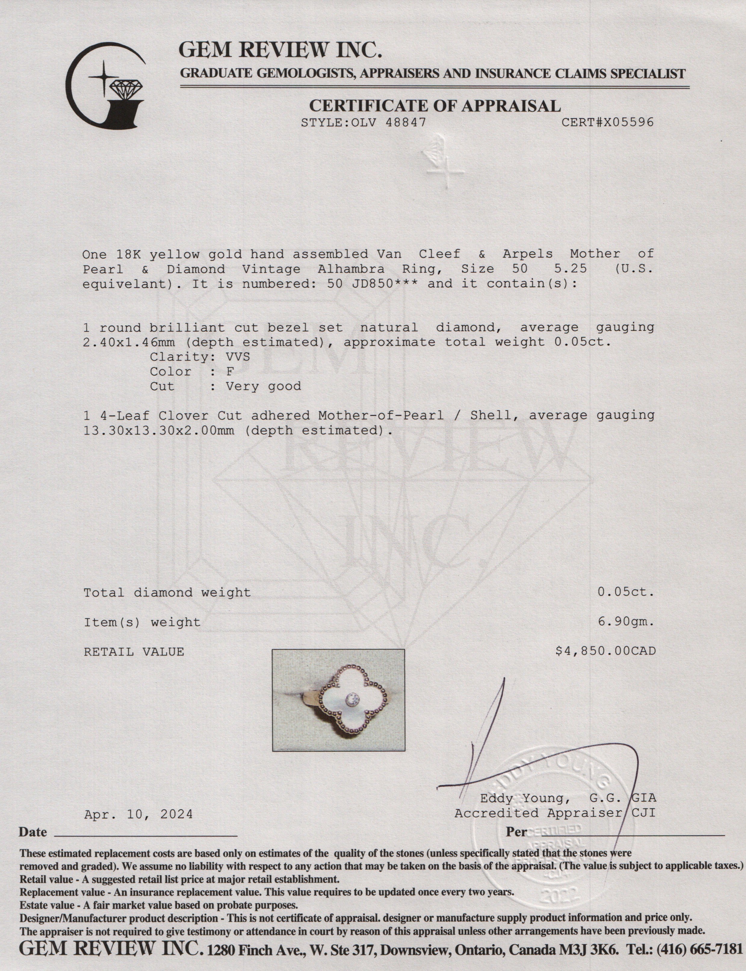 Van Cleef & Arpels 18k Yellow Gold Mother of Pearl & Diamond Vintage Alhambra Ring, Size 50 5.25 w/ Box