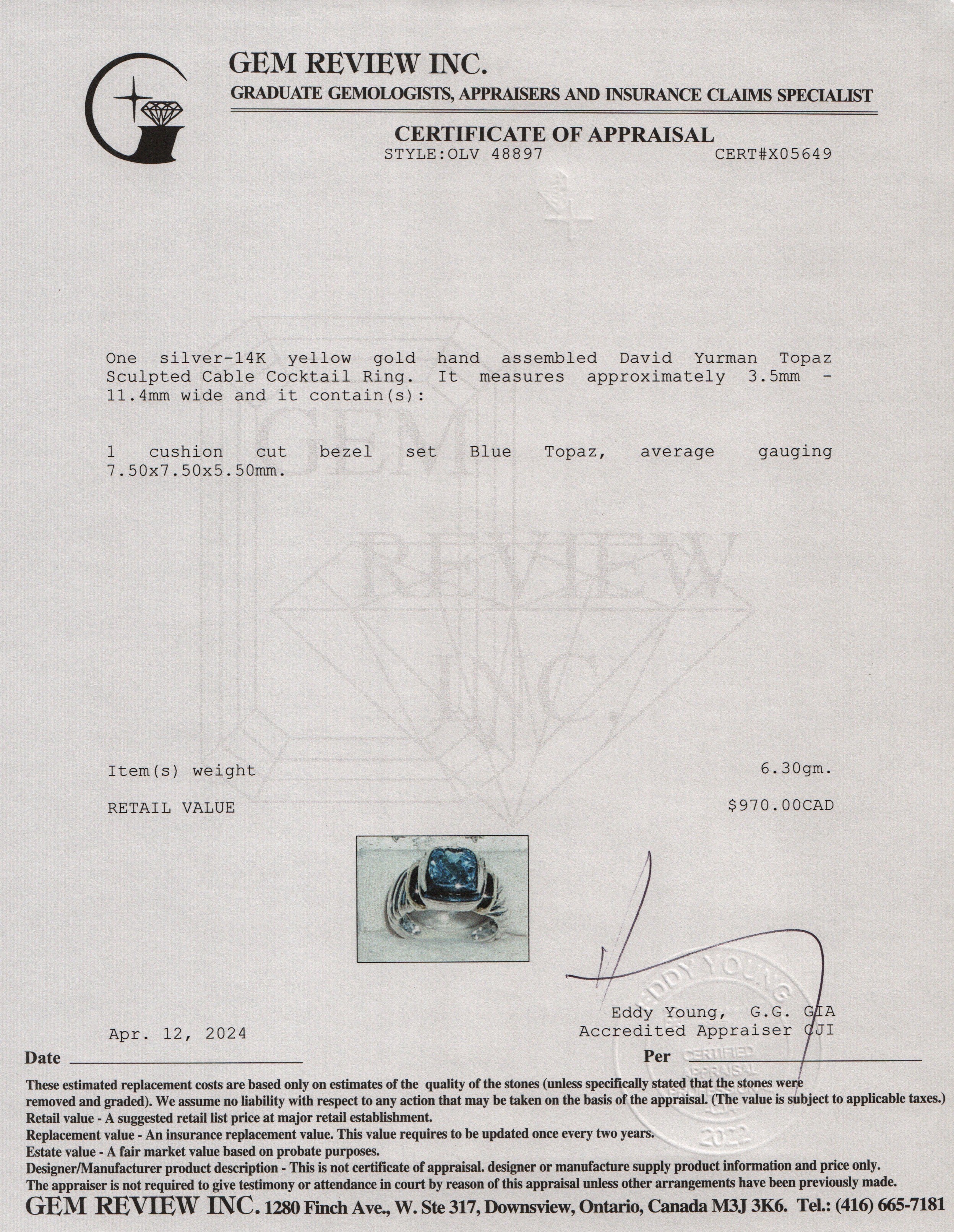 David Yurman Sterling Silver & 14k Yellow Gold Blue Topaz Sculpted Cable Cocktail Ring, Size 6