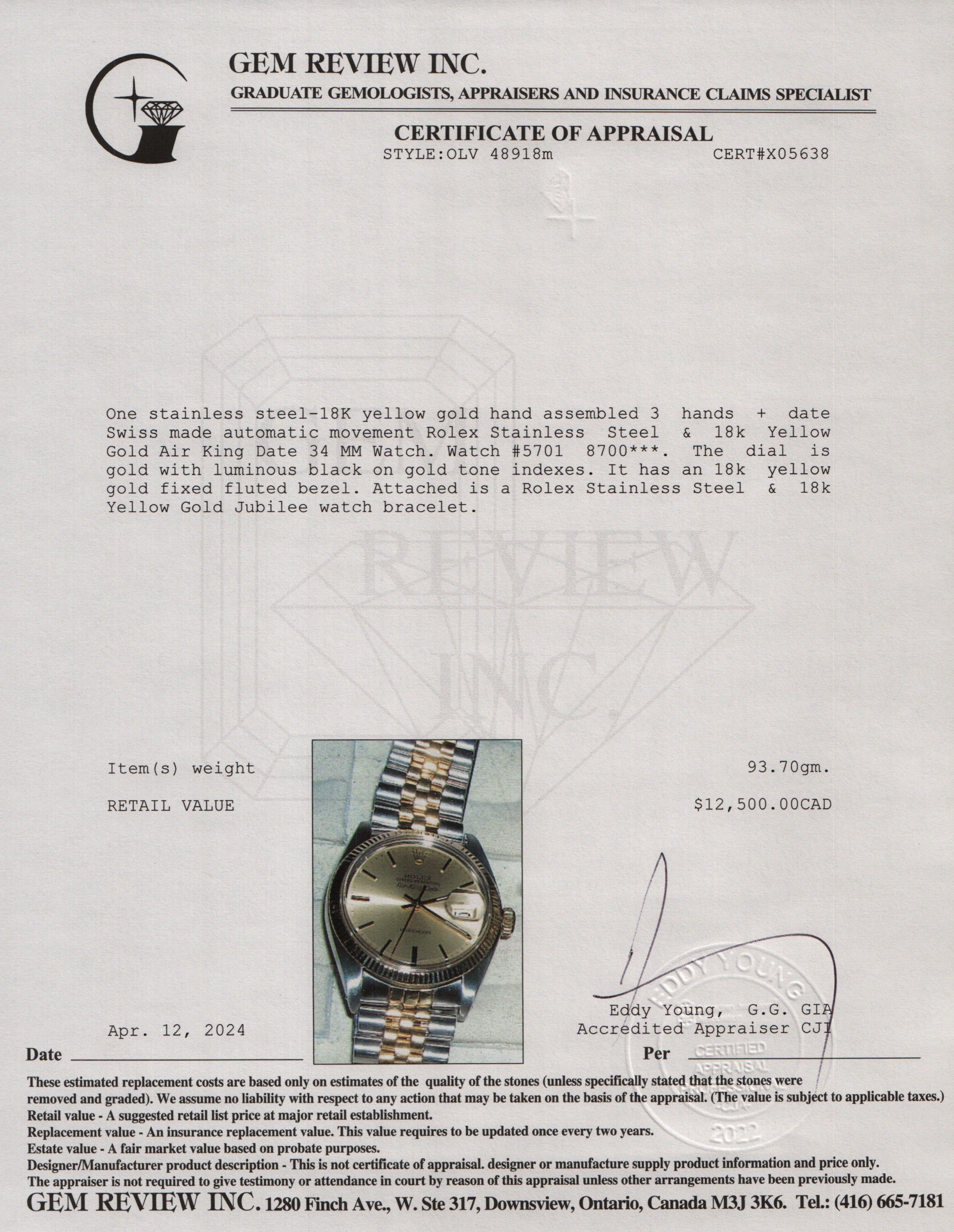 Rolex Stainless Steel & 18k Yellow Gold Air King Date 34 MM Watch