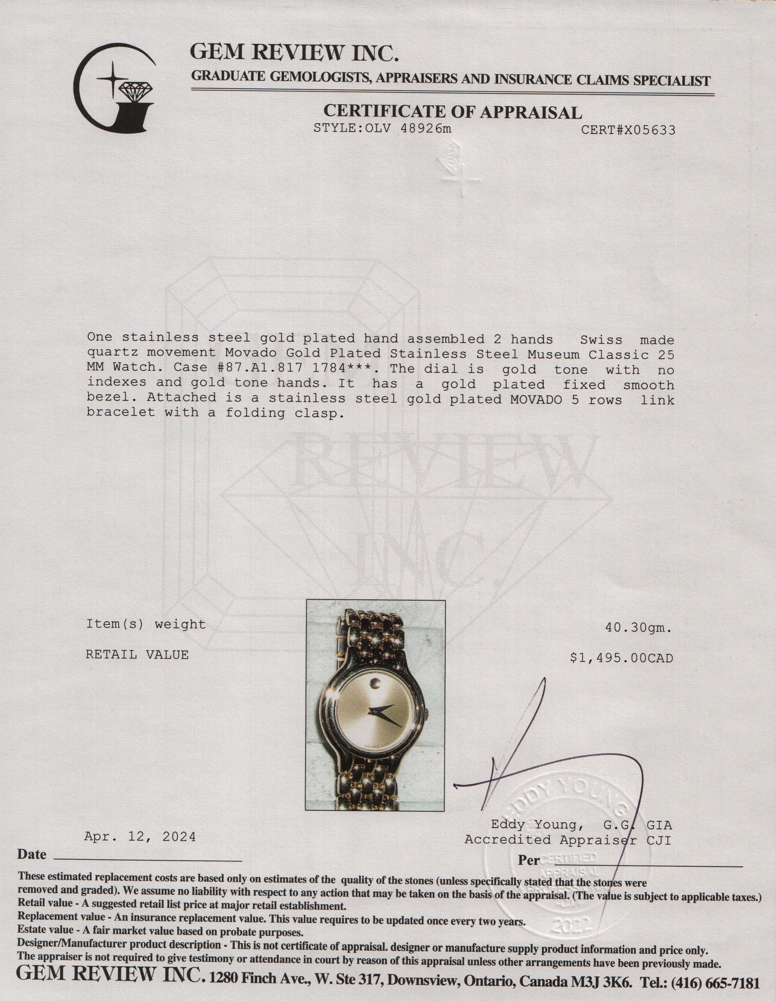 Movado Gold Plated Stainless Steel Museum Classic 25 MM Watch w/ Box