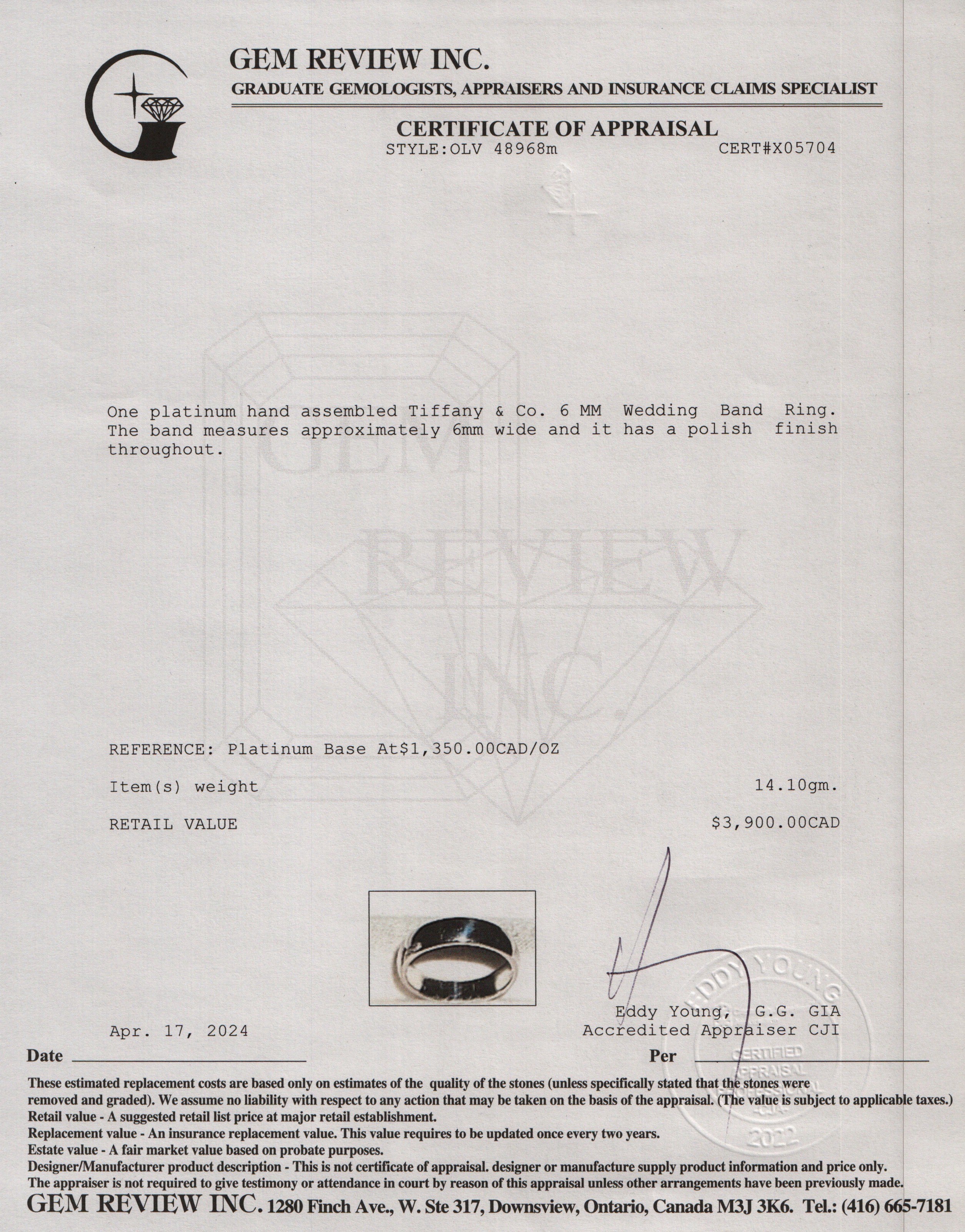 Tiffany & Co. Platinum 6 MM Wedding Band Ring, Size 8.5