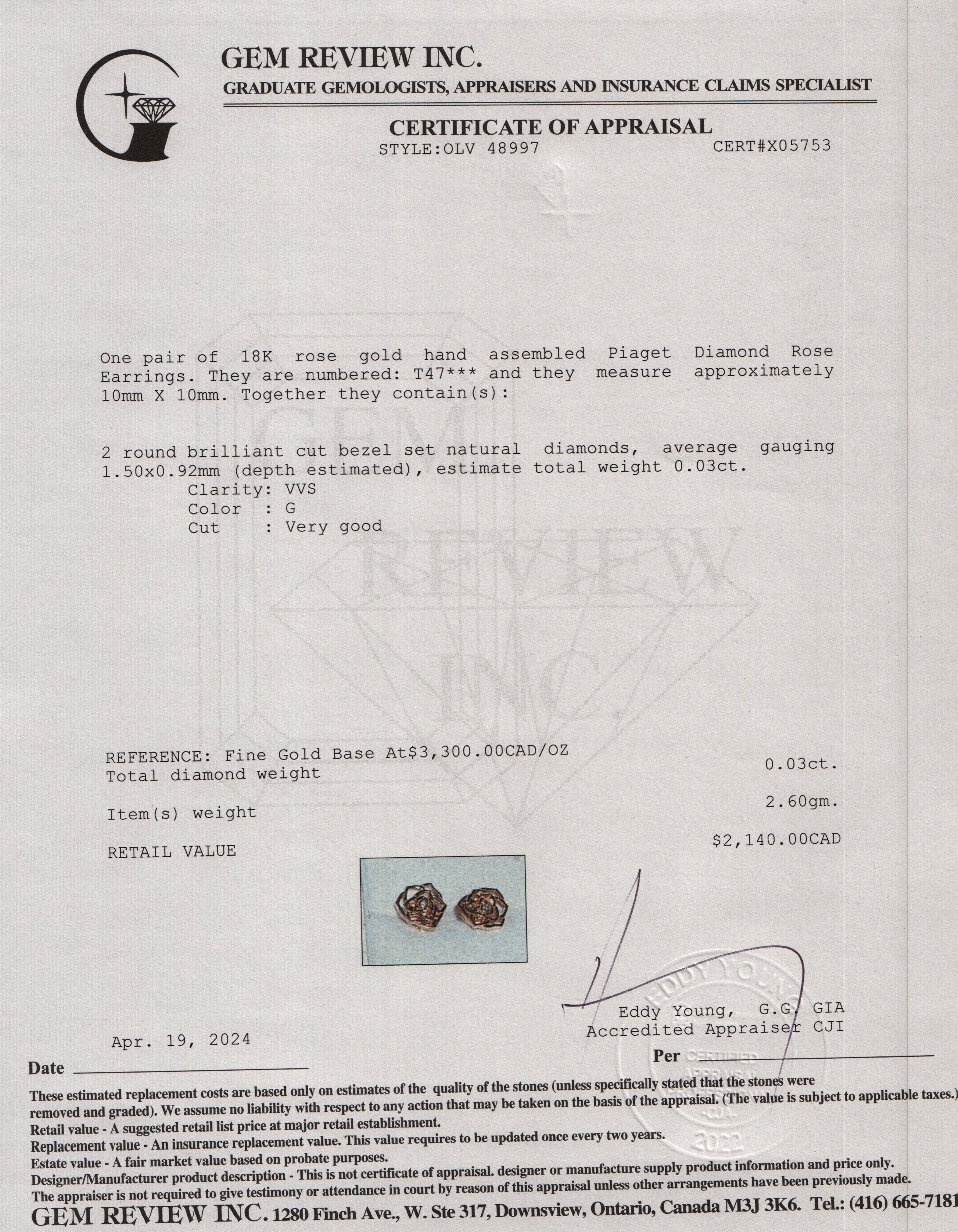 Piaget 18k Rose Gold Diamond Rose Earrings w/ Box