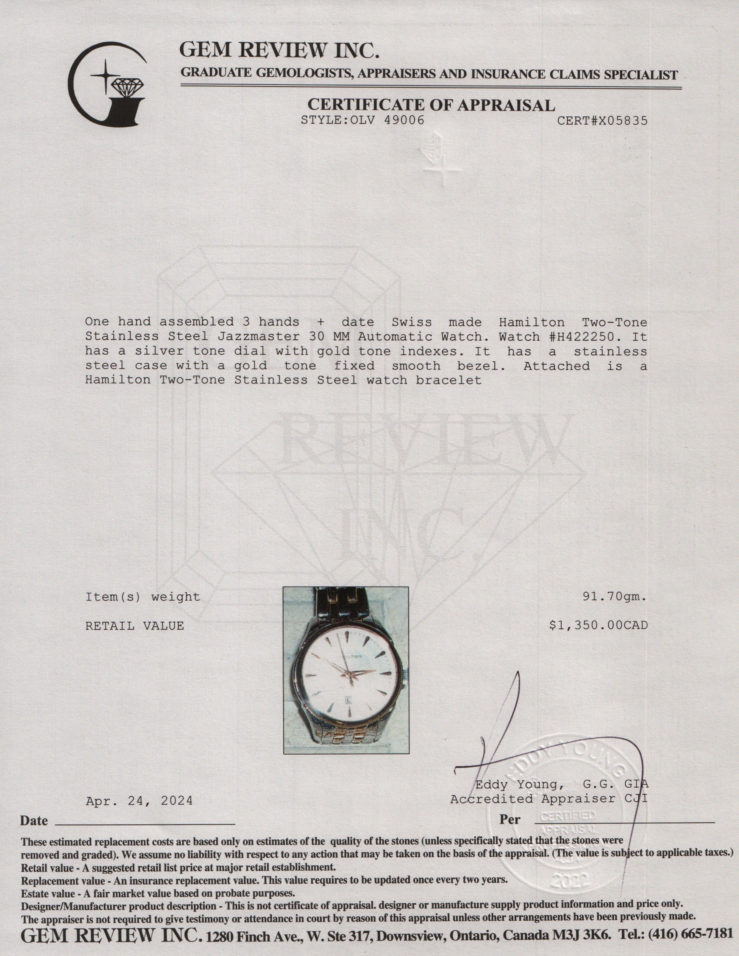 Hamilton Two-Tone Stainless Steel Jazzmaster 30 MM Automatic Watch H422250