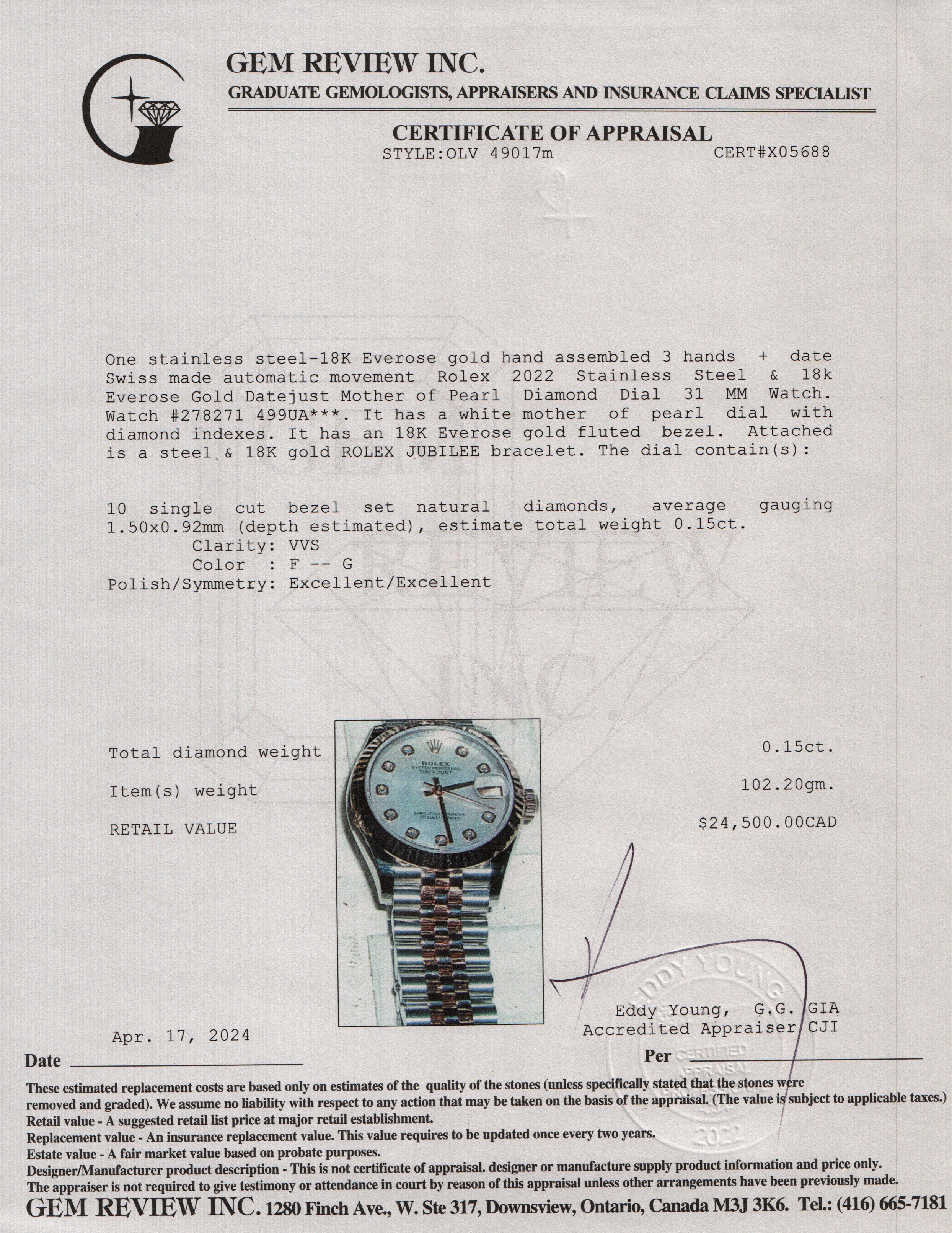 Rolex 2022 Stainless Steel & 18k Everose Gold Datejust Mother of Pearl Diamond Dial 31 MM Watch w/ Box & Papers