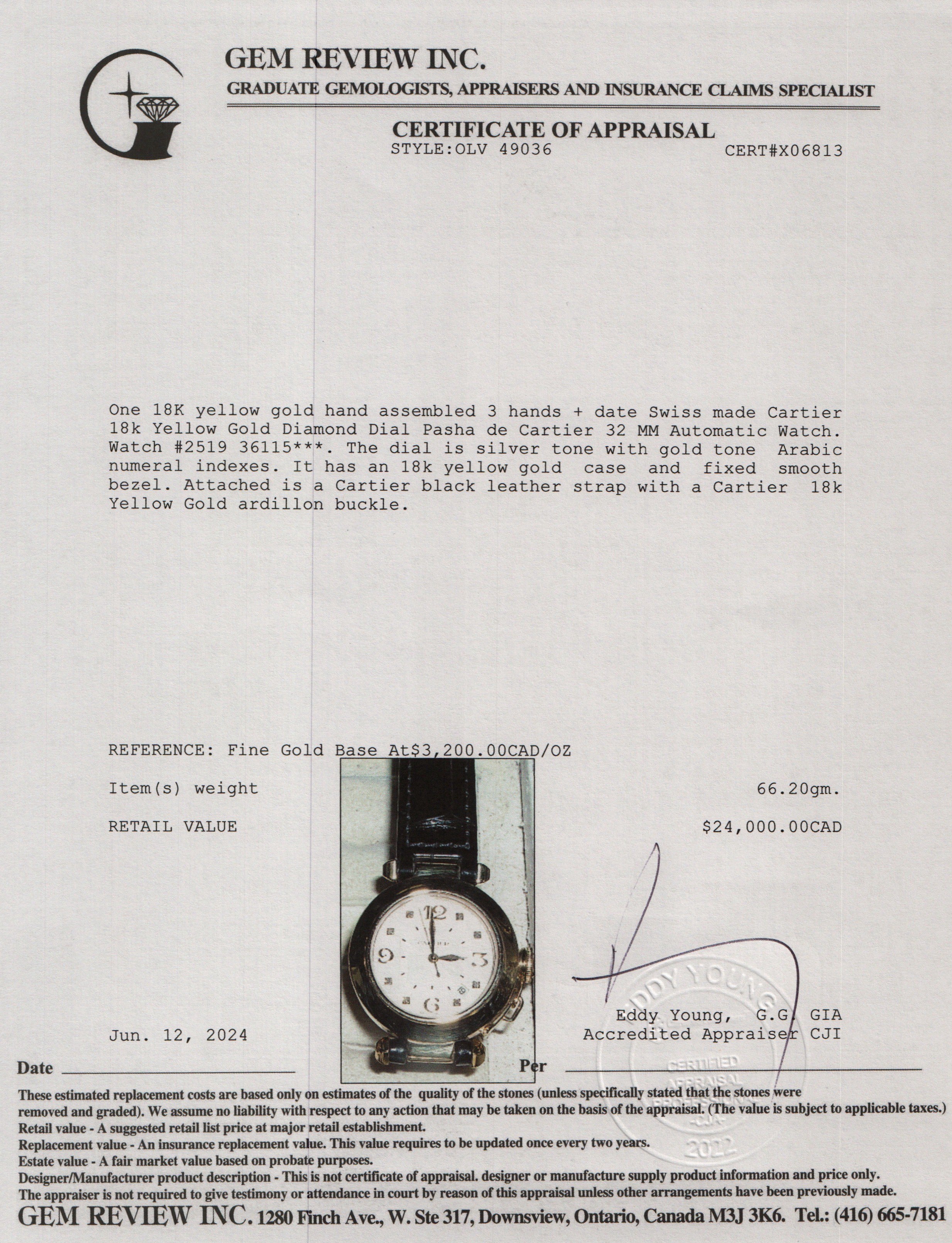 Cartier 18k Yellow Gold Diamond Dial Pasha de Cartier 32 MM Automatic Watch