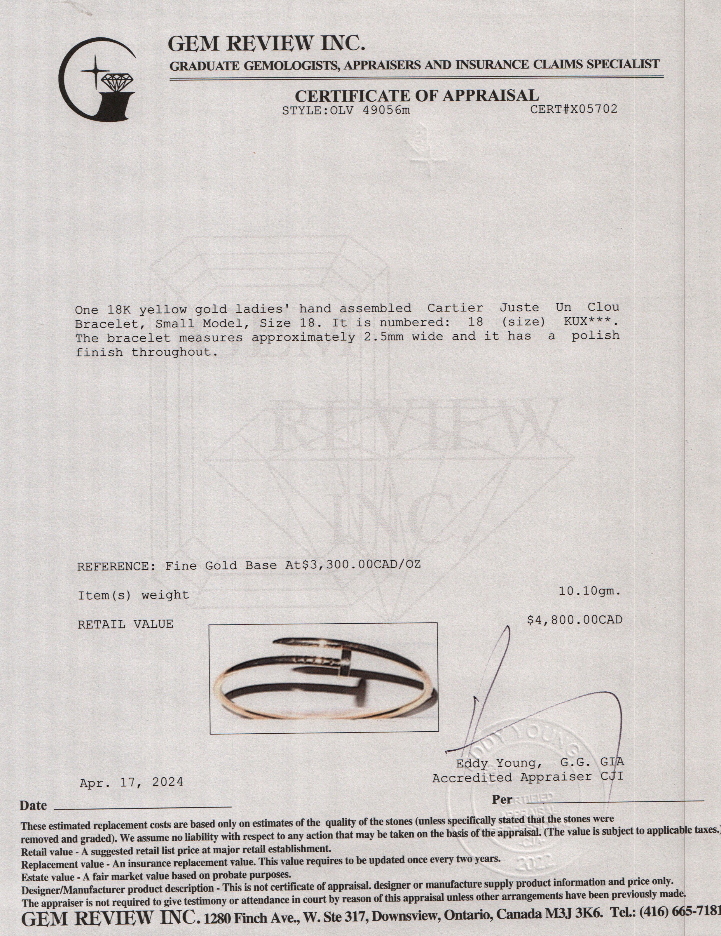 Cartier 18k Yellow Gold Juste Un Clou Bracelet, Small Model, Size 18 w/ Pouch, Certificate & Receipt