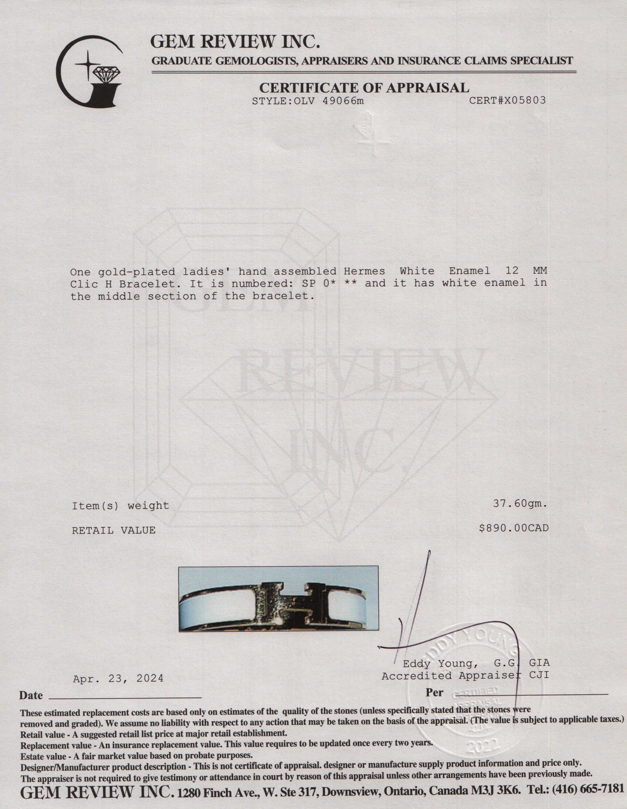 Hermes Gold-Plated White Enamel 12 MM Clic H Bracelet w/ Box