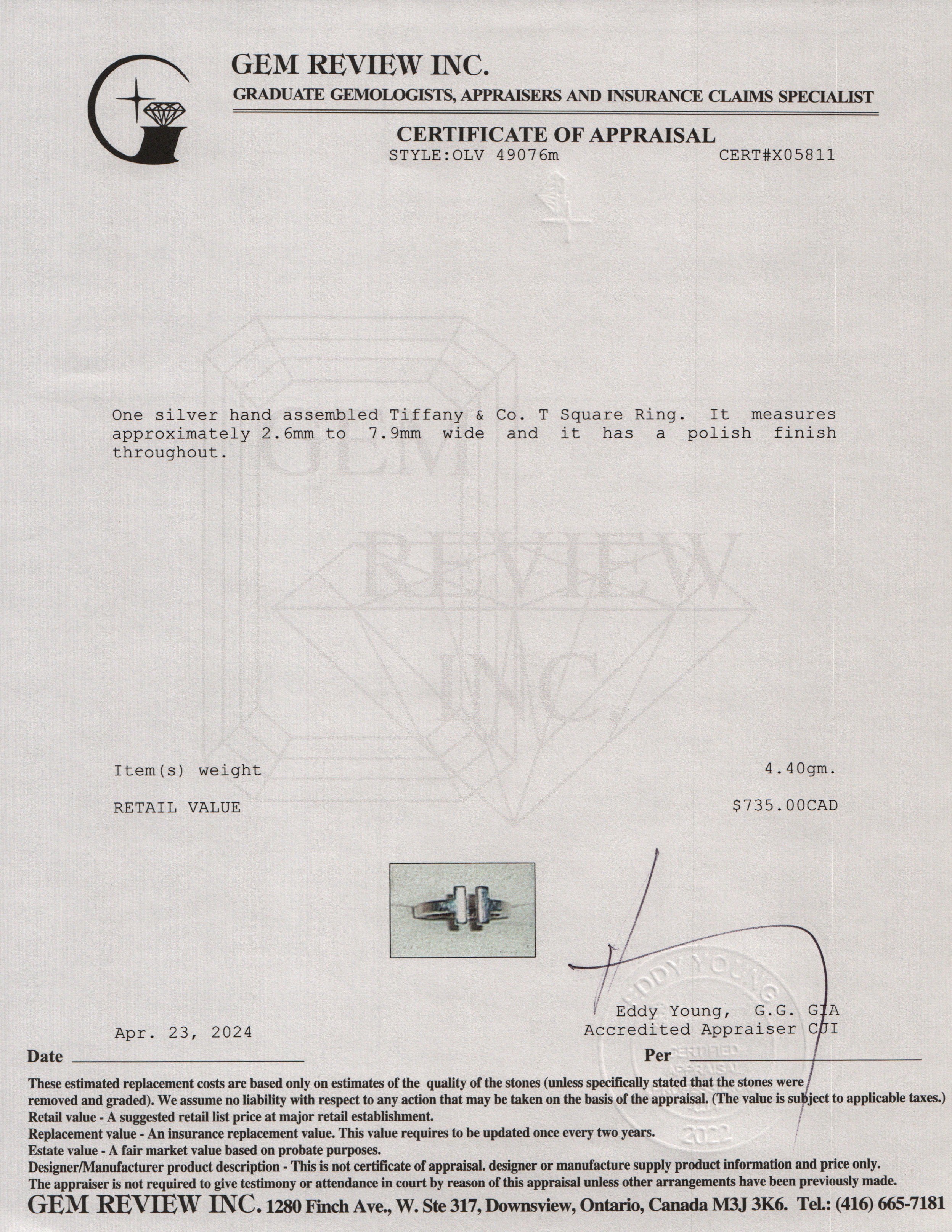 Tiffany & Co. Sterling Silver T Square Ring, Size 6.5 w/ Box