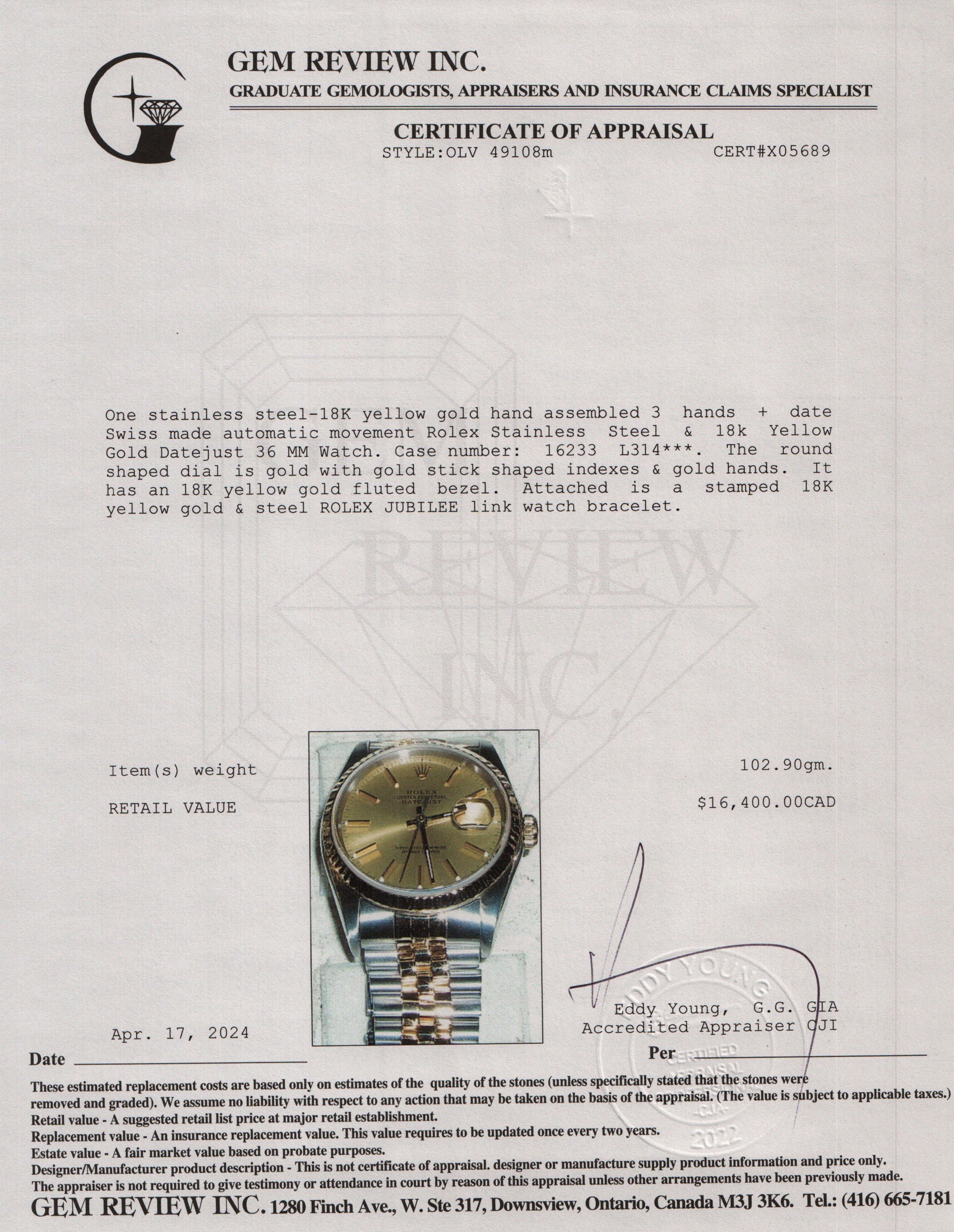 Rolex Stainless Steel & 18k Yellow Gold Datejust 36 MM Watch