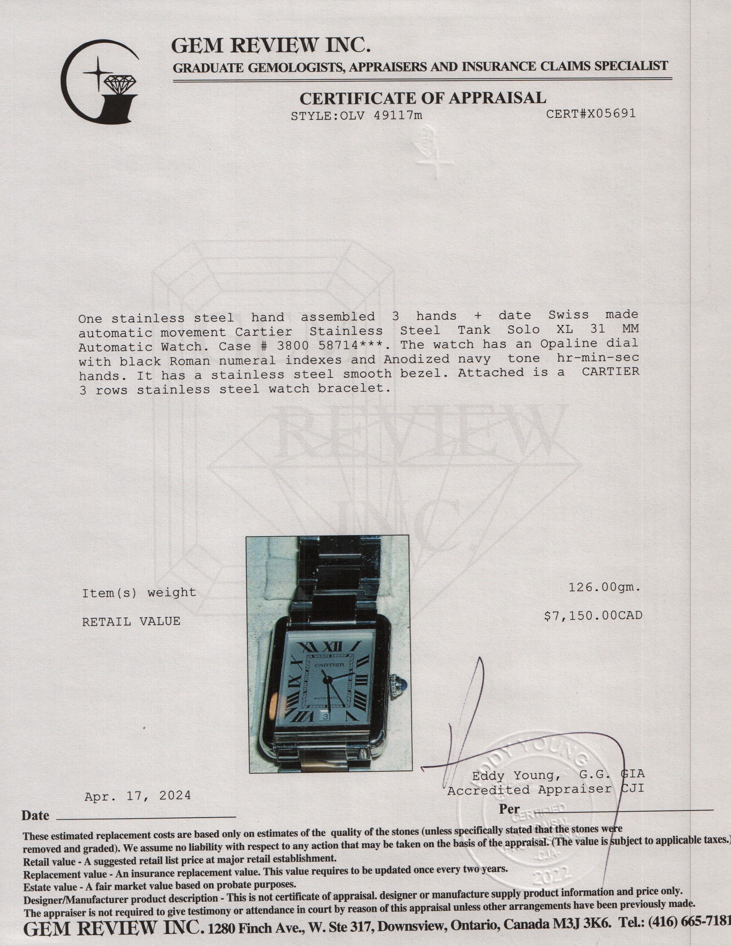 Cartier Stainless Steel Tank Solo XL 31 MM Automatic Watch w/ Box & Papers